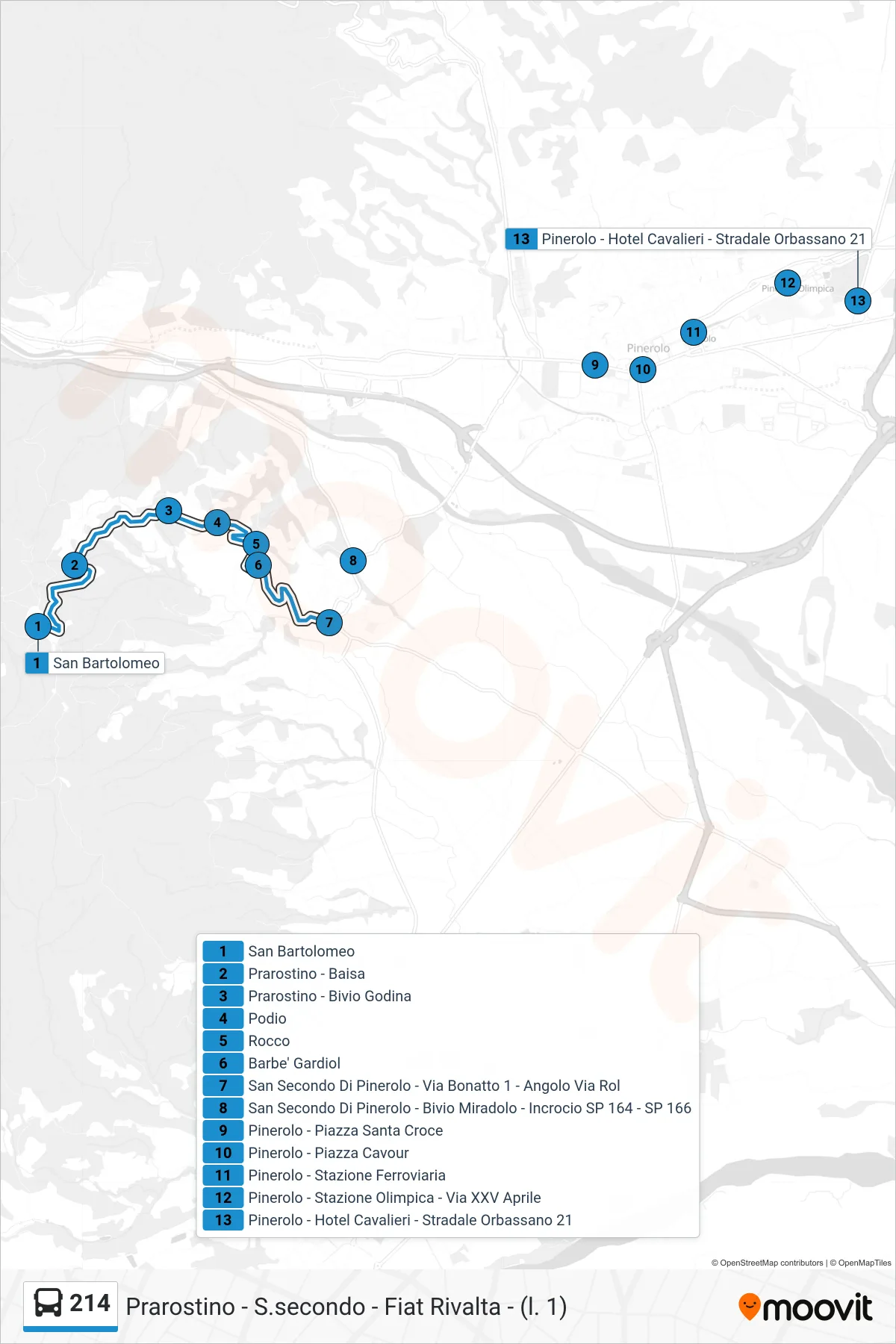 Linea 214 bus (Pinerolo - Hotel Cavalieri - Stradale Orbassano 21) - Percorsi e fermate sulla mappa