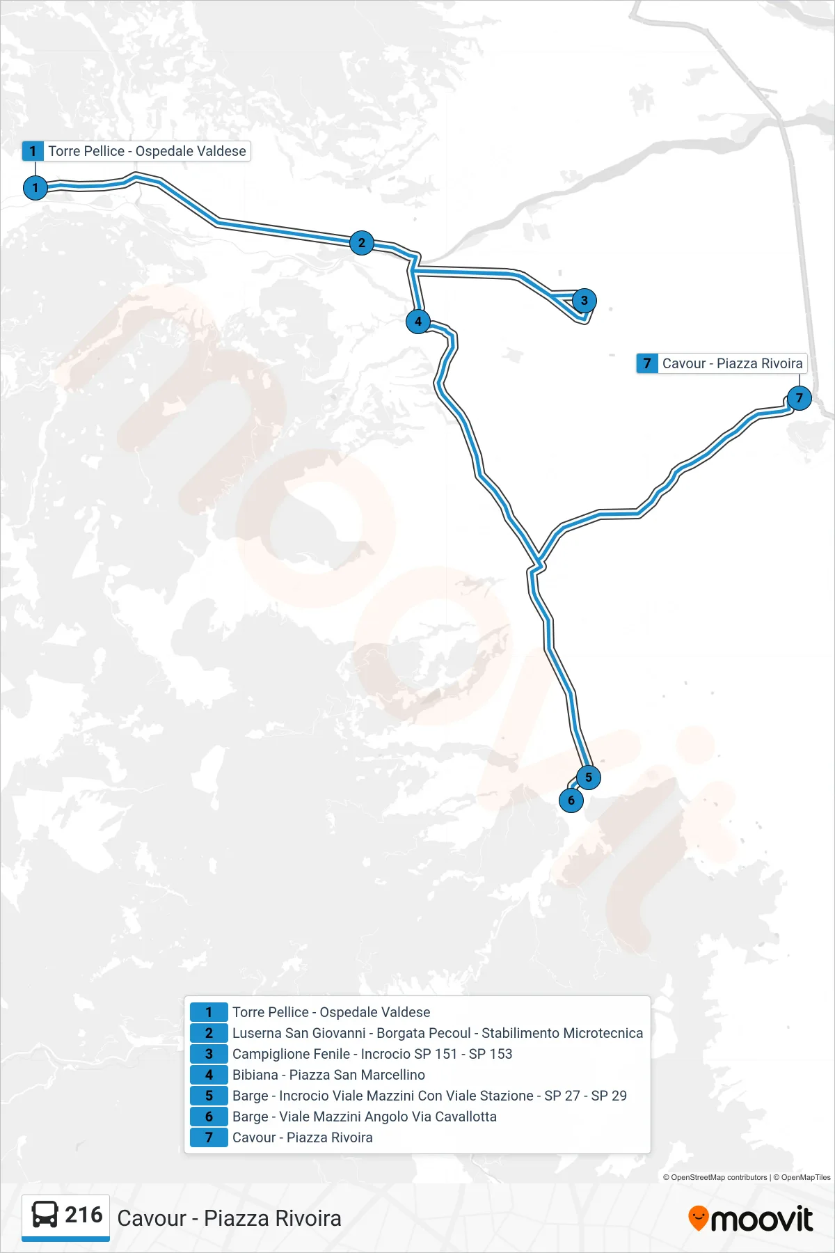 Linea 216  bus (Cavour - Piazza Rivoira) - Percorsi e fermate sulla mappa