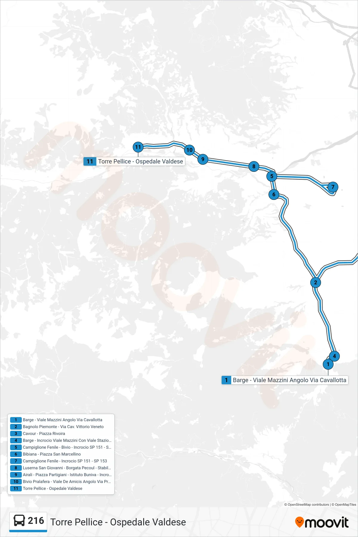 Linea 216 bus (Torre Pellice - Ospedale Valdese) - Percorsi e fermate sulla mappa