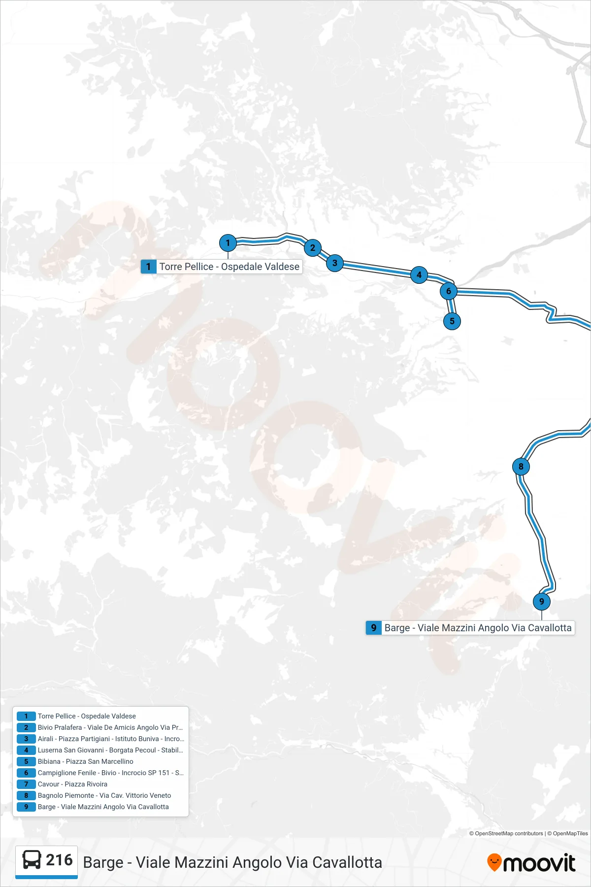Linea 216  bus (Barge - Viale Mazzini Angolo Via Cavallotta) - Percorsi e fermate sulla mappa