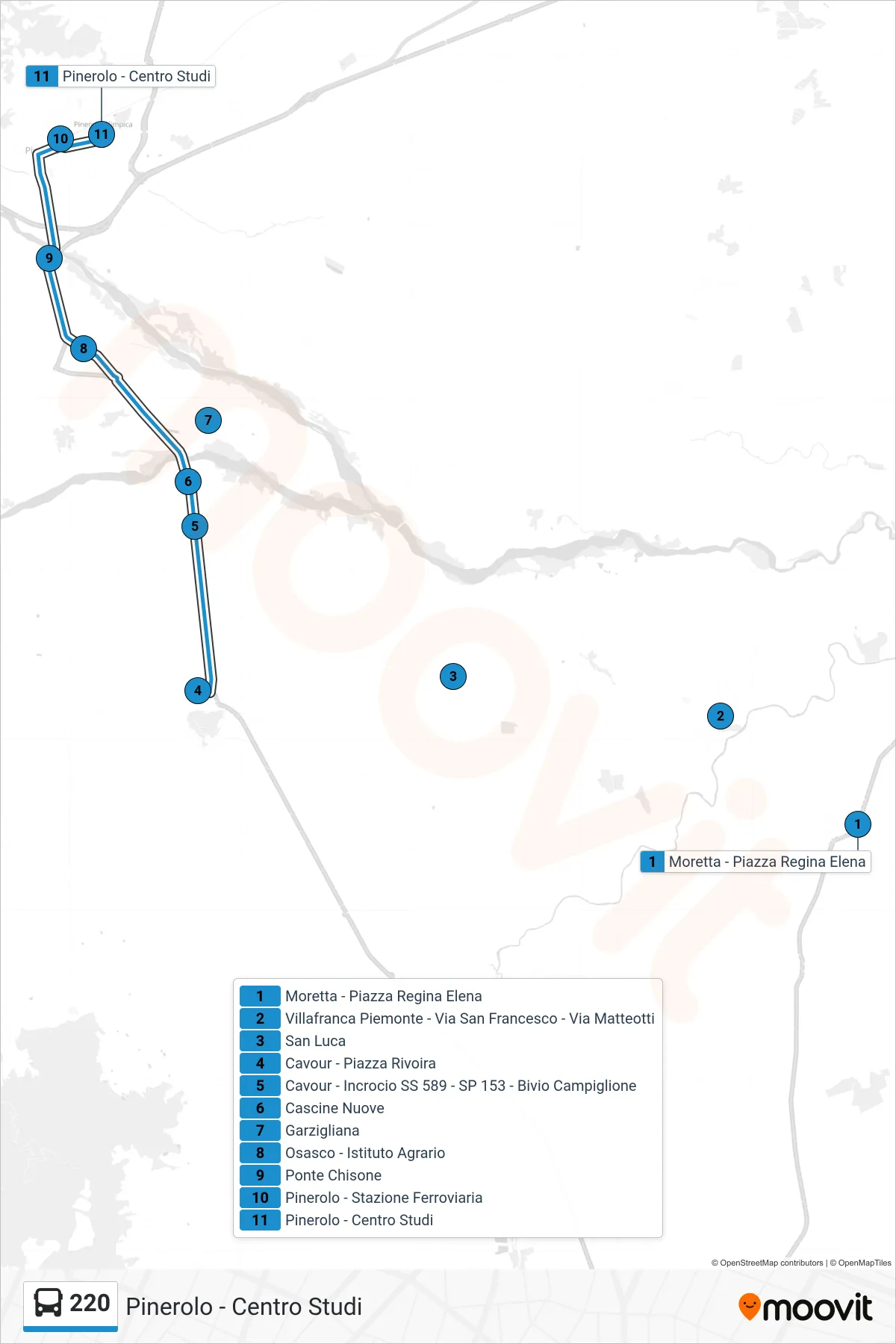 Linea 220 bus (Pinerolo - Centro Studi) - Percorsi e fermate sulla mappa