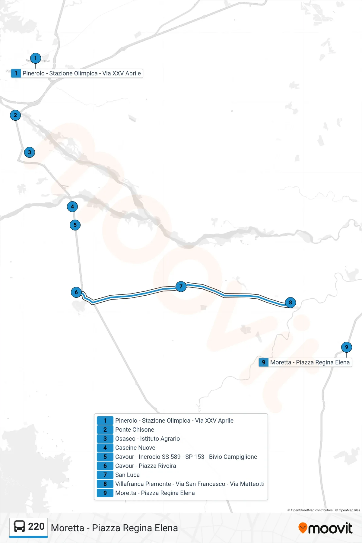 Linea 220 bus (Moretta - Piazza Regina Elena) - Percorsi e fermate sulla mappa