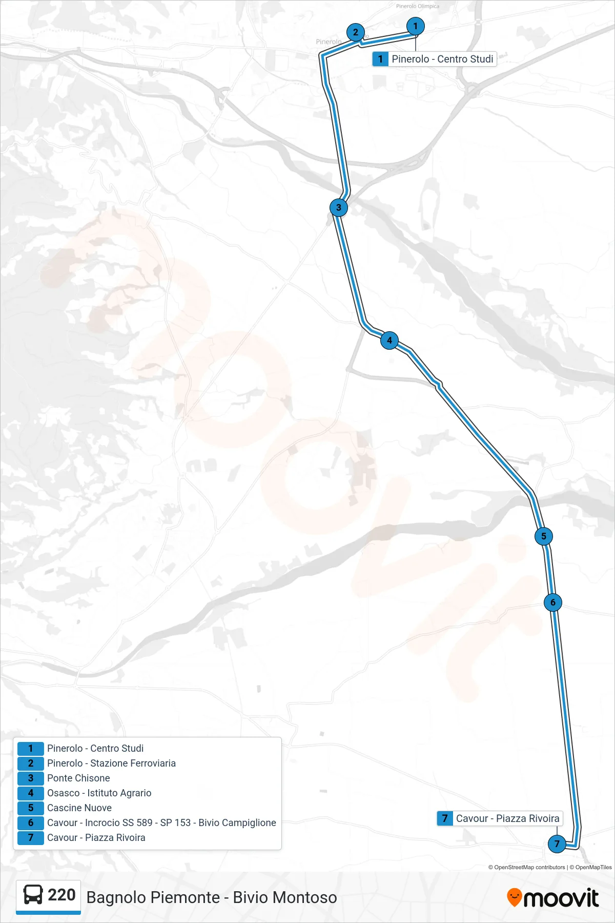 Linea 220  bus (Bagnolo Piemonte - Bivio Montoso) - Percorsi e fermate sulla mappa