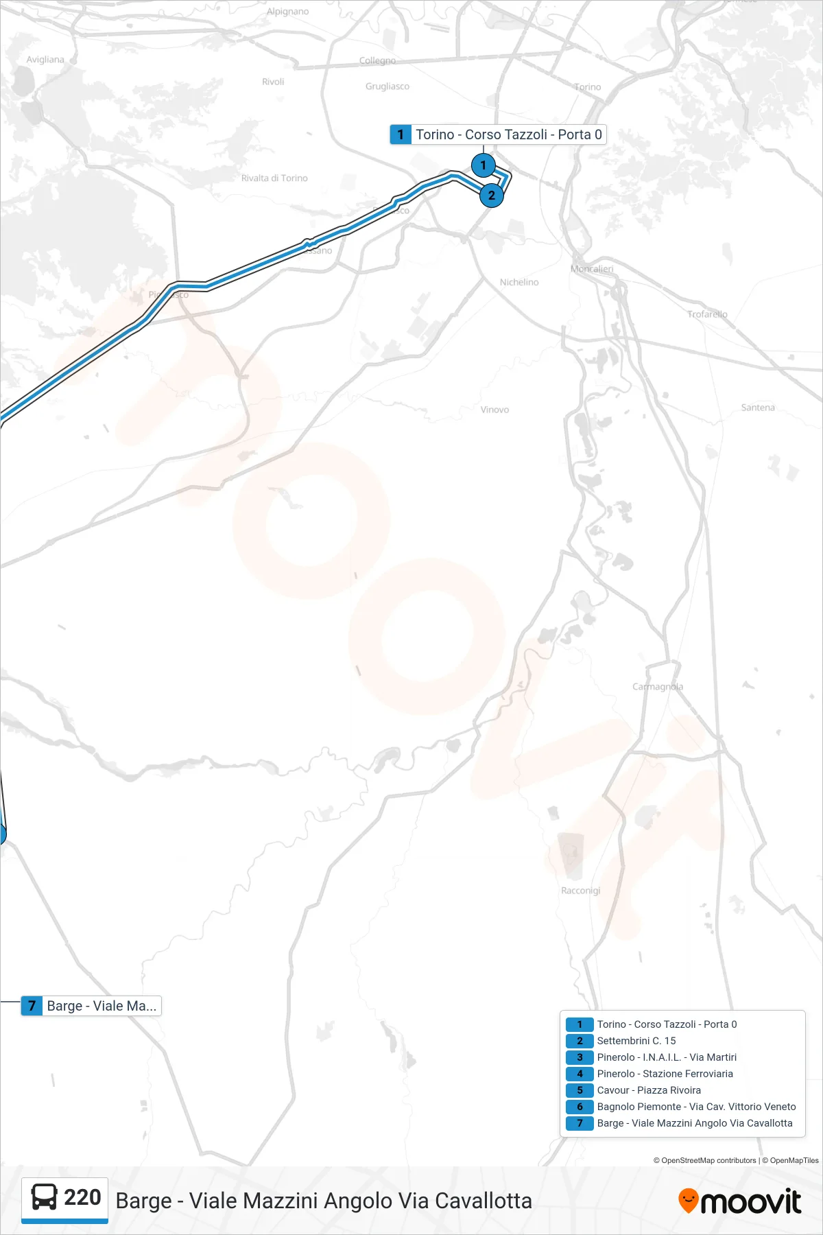 Linea 220  bus (Barge - Viale Mazzini Angolo Via Cavallotta) - Percorsi e fermate sulla mappa