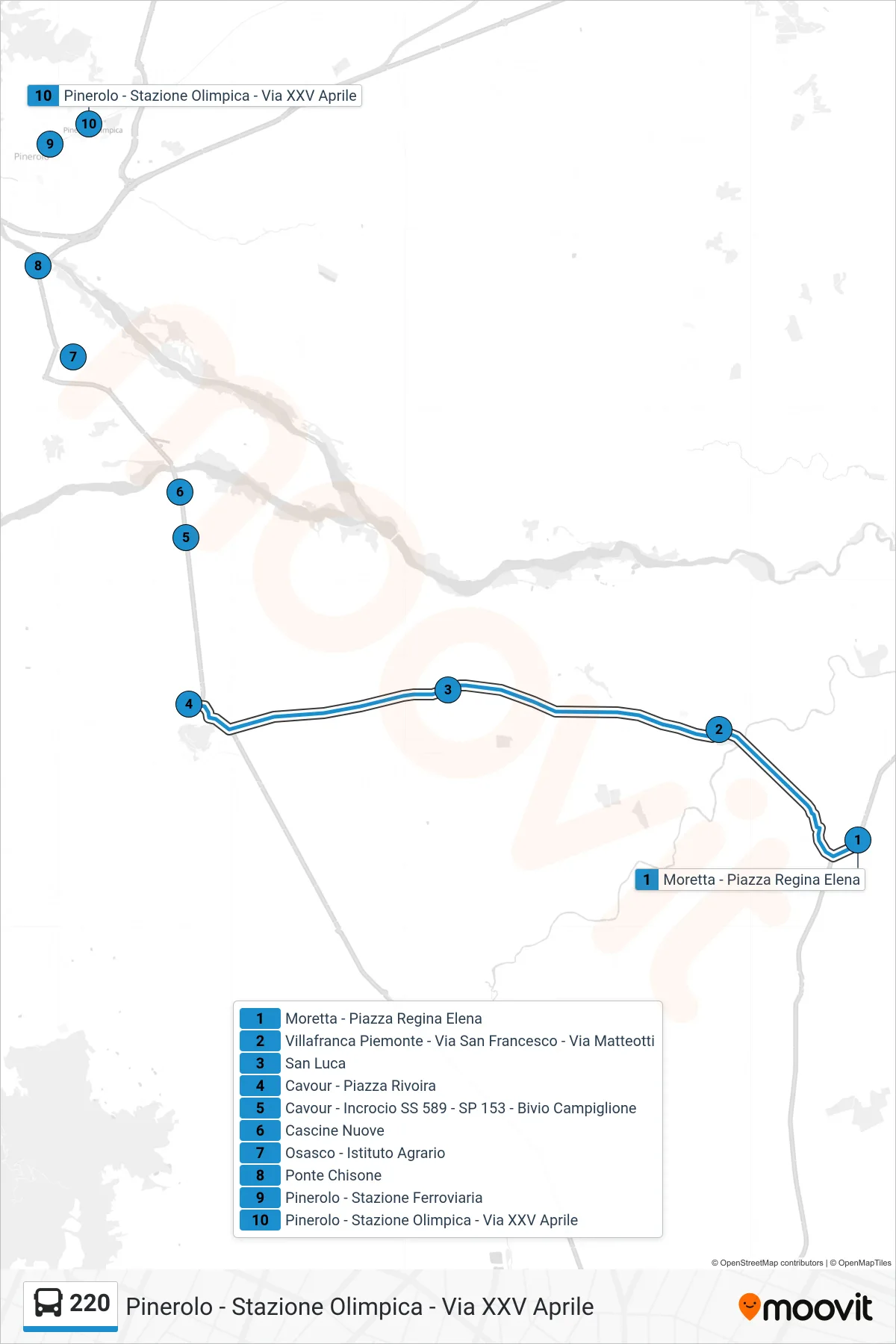Linea 220 bus (Pinerolo - Stazione Olimpica - Via XXV Aprile) - Percorsi e fermate sulla mappa