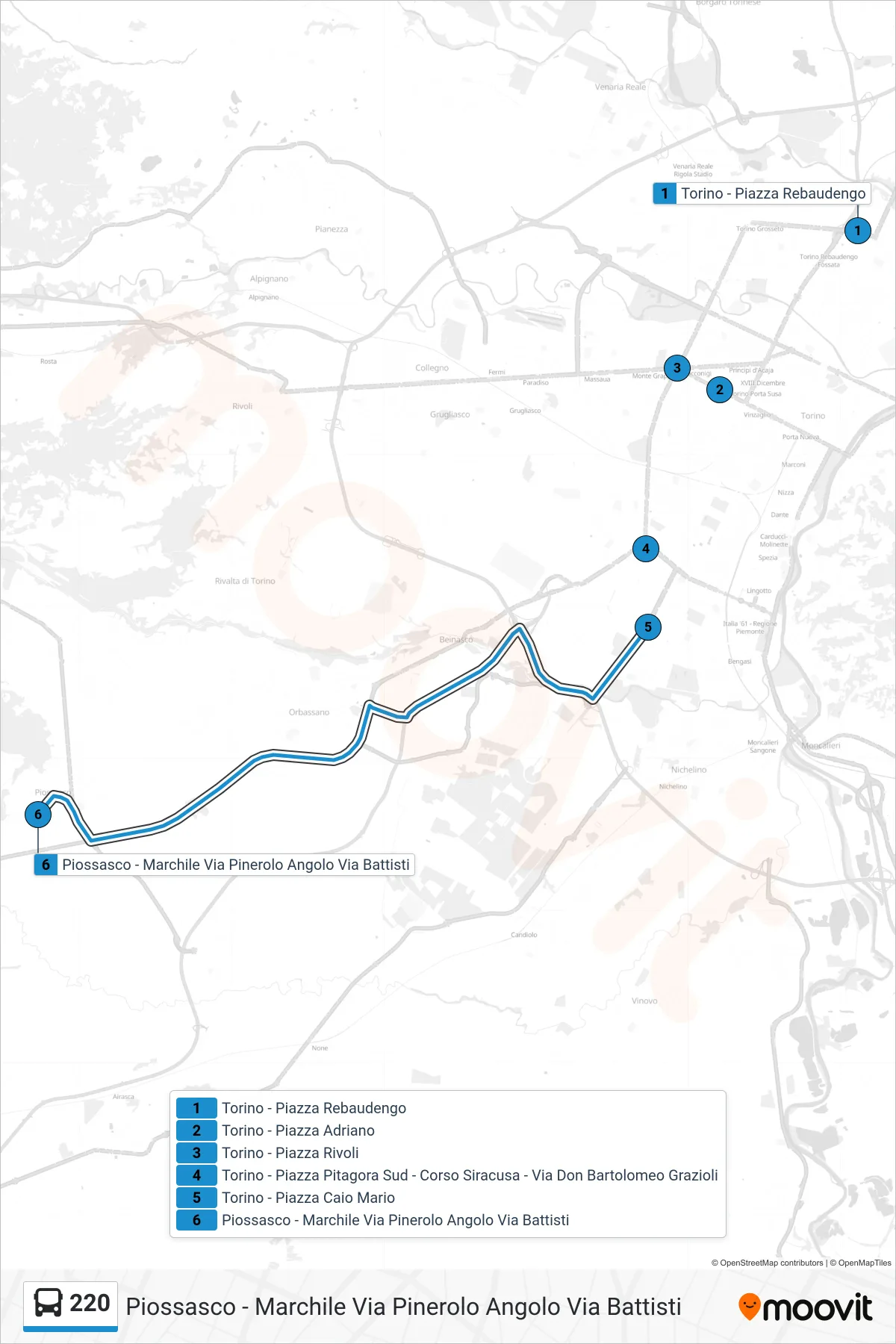 Linea 220 bus (Piossasco - Marchile Via Pinerolo Angolo Via Battisti) - Percorsi e fermate sulla mappa