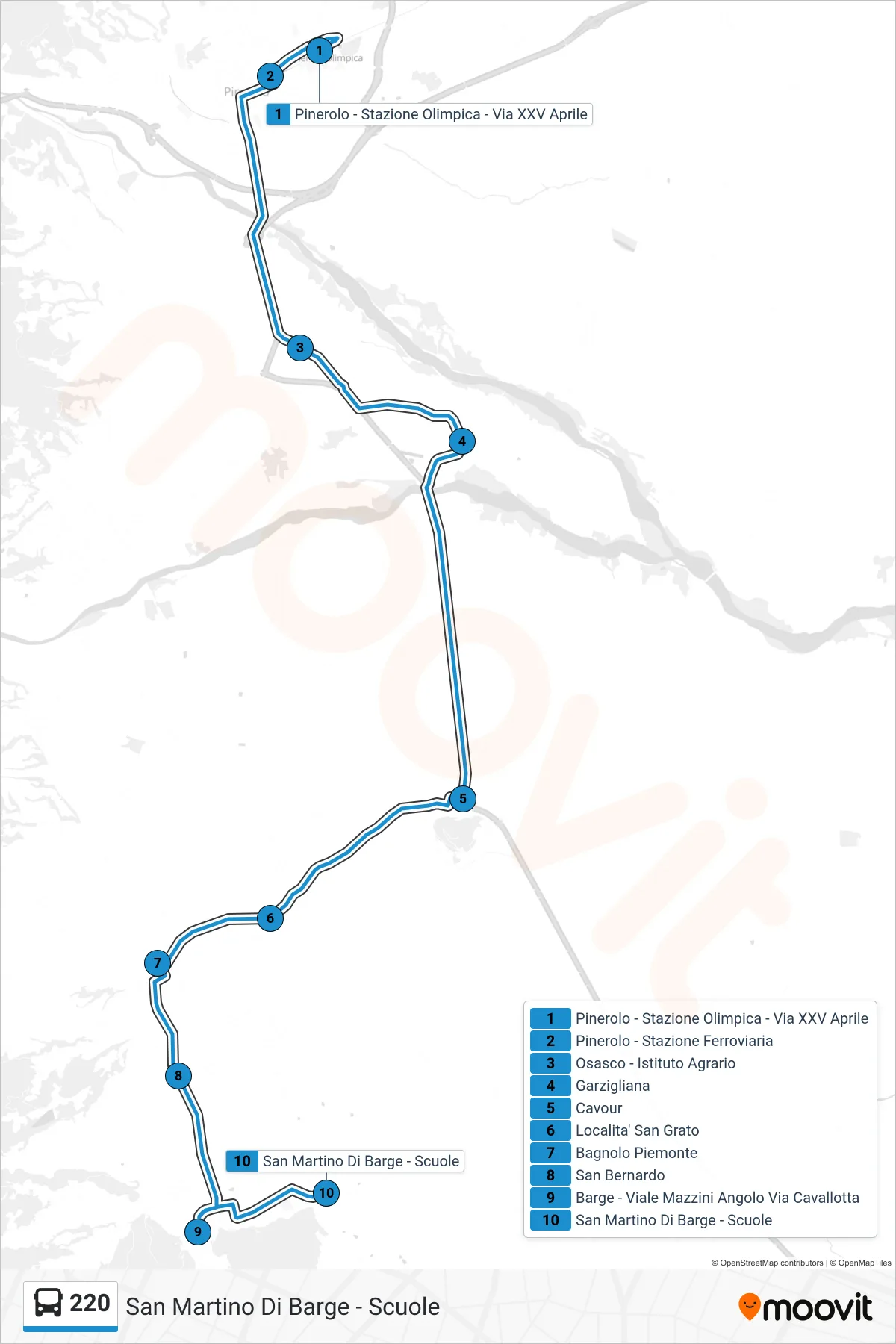 Linea 220  bus (San Martino Di Barge - Scuole) - Percorsi e fermate sulla mappa