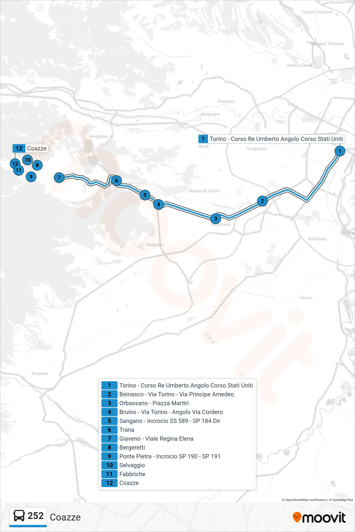 Linea 252 bus (Coazze) - Percorsi e fermate sulla mappa