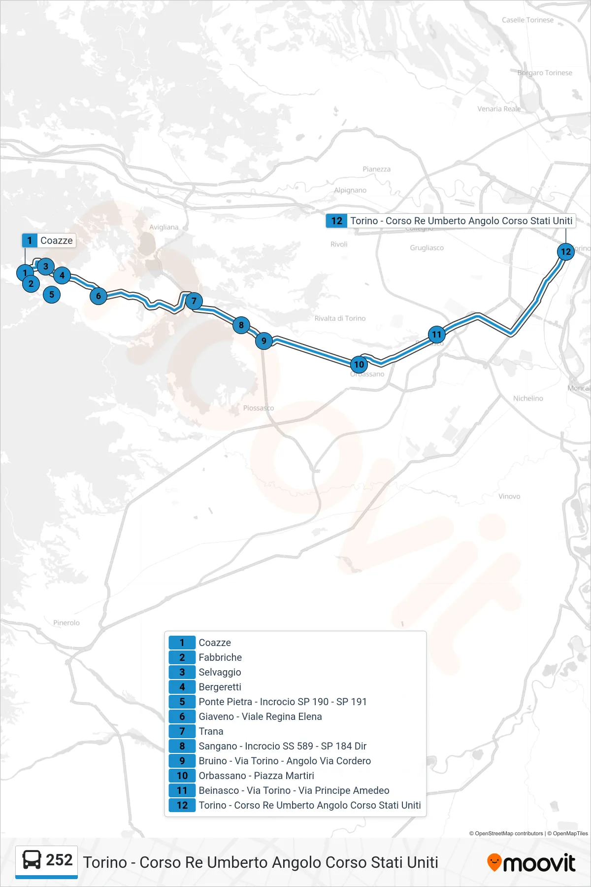 Linea 252  bus (Torino - Corso Re Umberto Angolo Corso Stati Uniti) - Percorsi e fermate sulla mappa