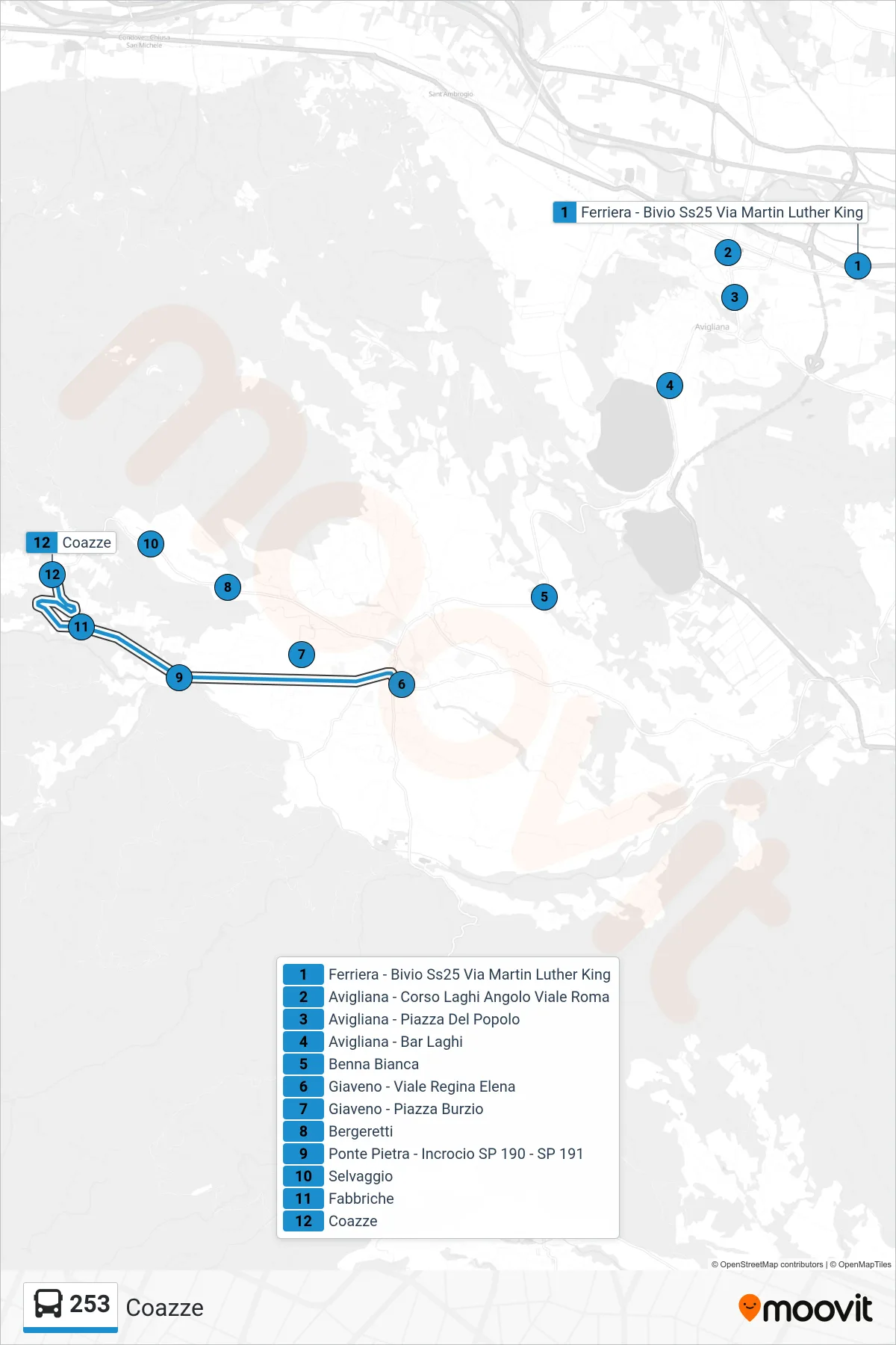 Linea 253 bus (Coazze) - Percorsi e fermate sulla mappa