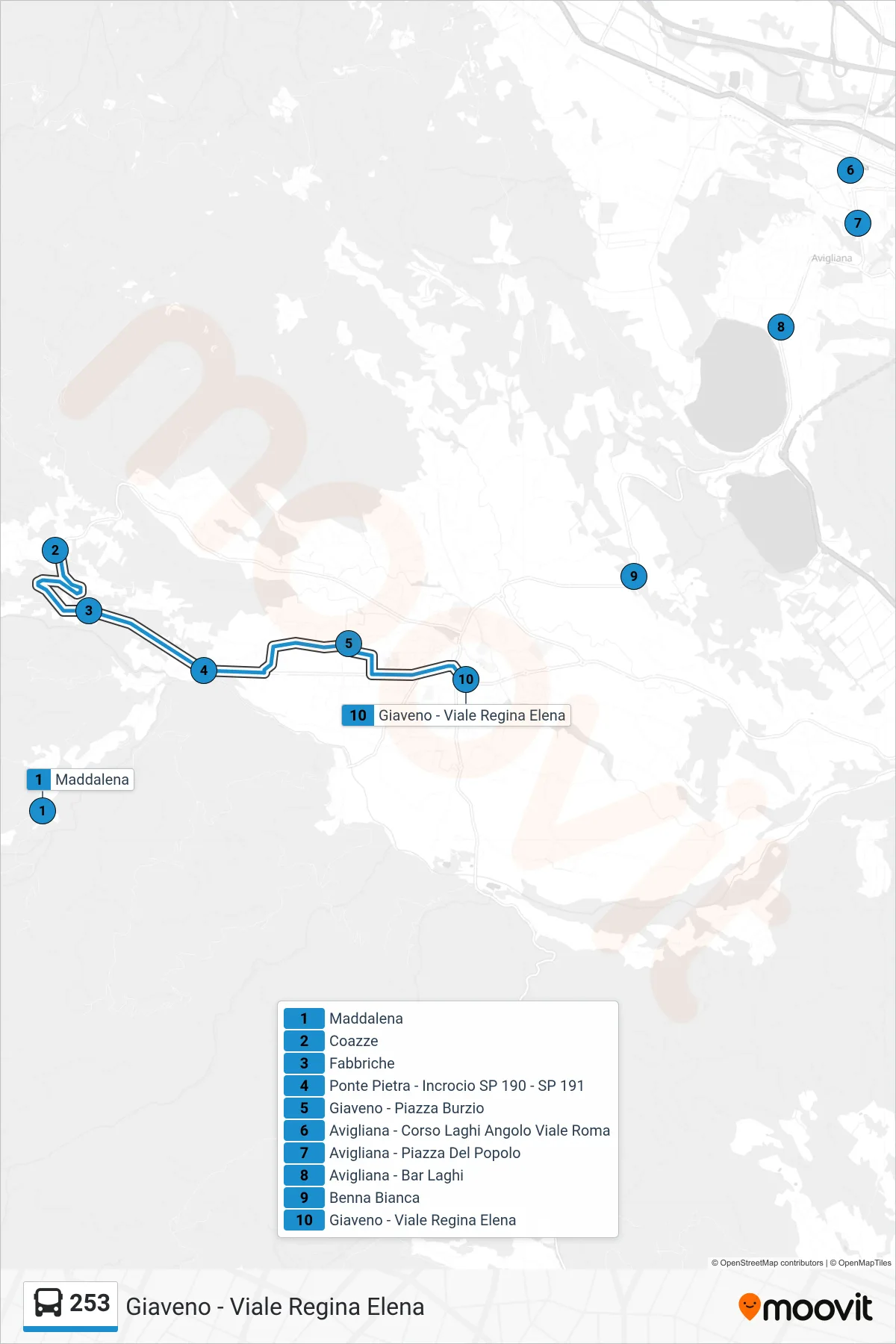 Linea 253  bus (Giaveno - Viale Regina Elena) - Percorsi e fermate sulla mappa