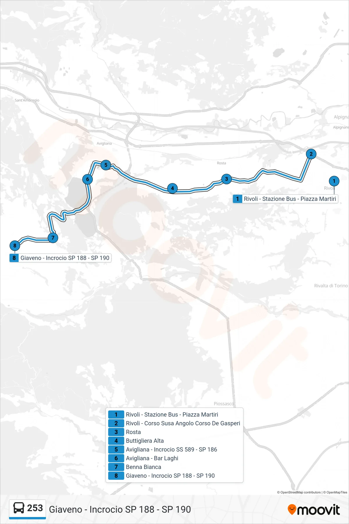 Linea 253  bus (Giaveno - Incrocio SP 188 - SP 190) - Percorsi e fermate sulla mappa