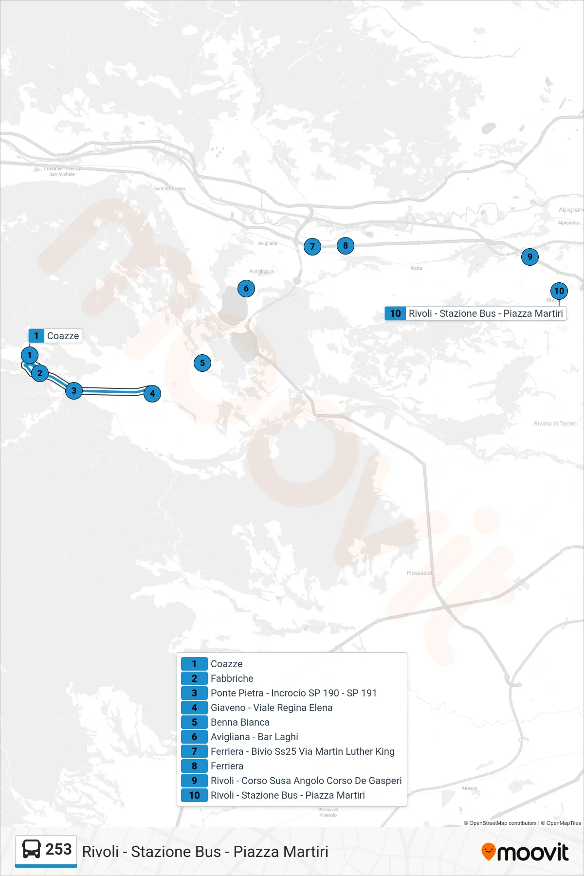 Linea 253 bus (Rivoli - Stazione Bus - Piazza Martiri) - Percorsi e fermate sulla mappa