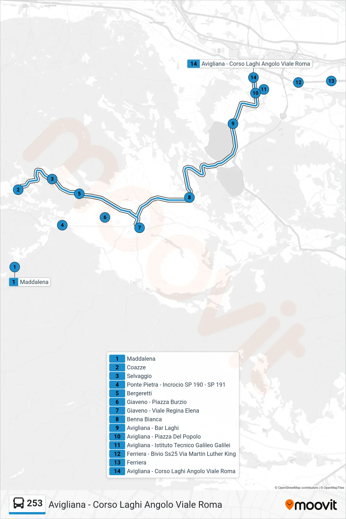 Linea 253 bus (Avigliana - Corso Laghi Angolo Viale Roma) - Percorsi e fermate sulla mappa