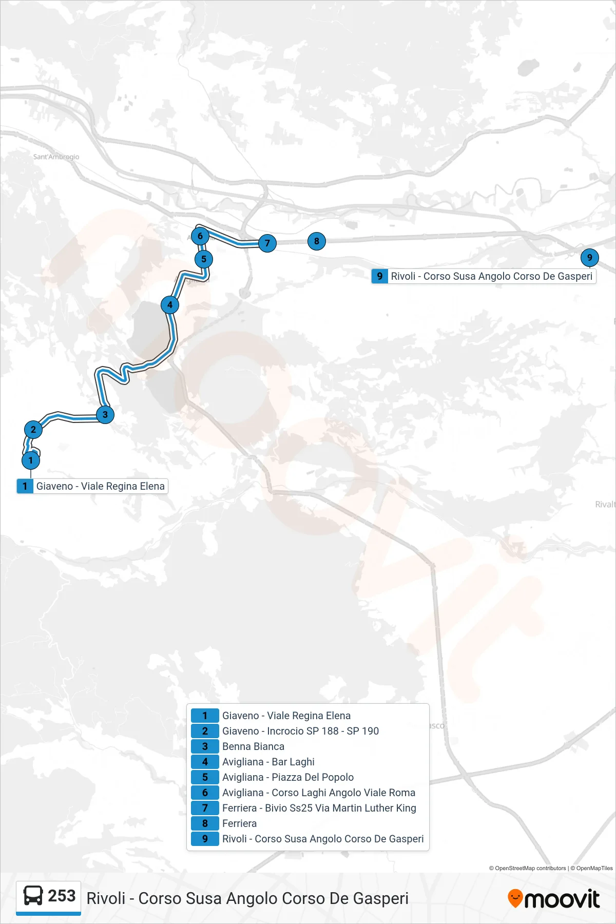 Linea 253  bus (Rivoli - Corso Susa Angolo Corso De Gasperi) - Percorsi e fermate sulla mappa