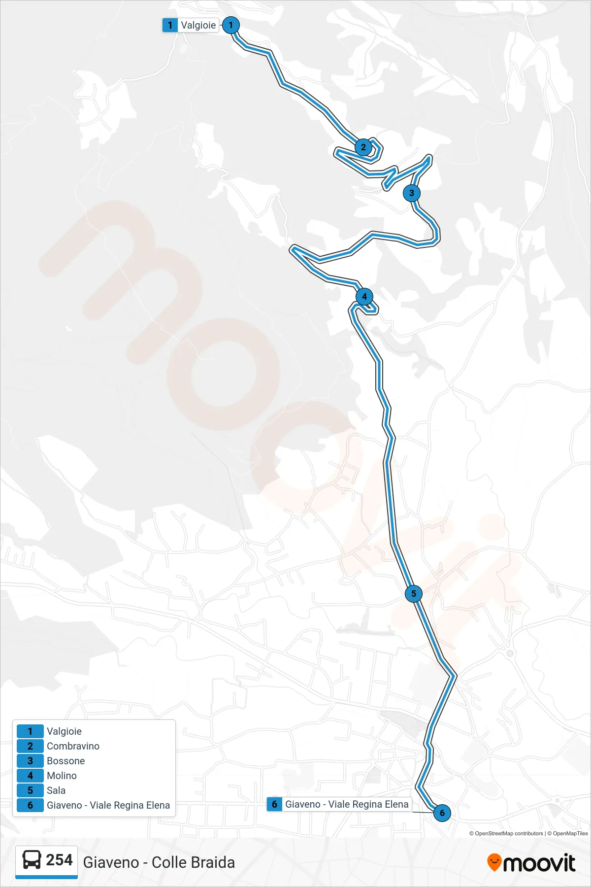 Linea 254 bus (Giaveno - Viale Regina Elena) - Percorsi e fermate sulla mappa