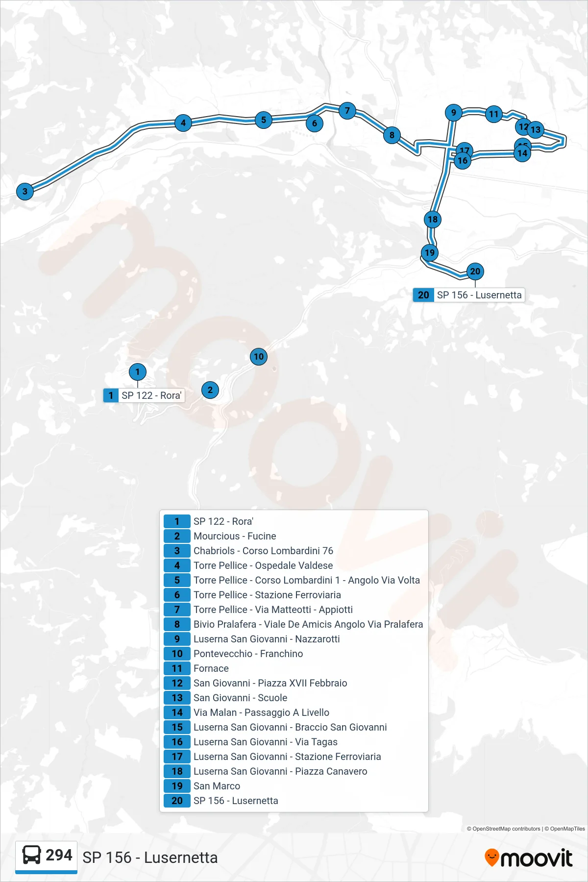 Linea 294 bus (SP 156 - Lusernetta) - Percorsi e fermate sulla mappa