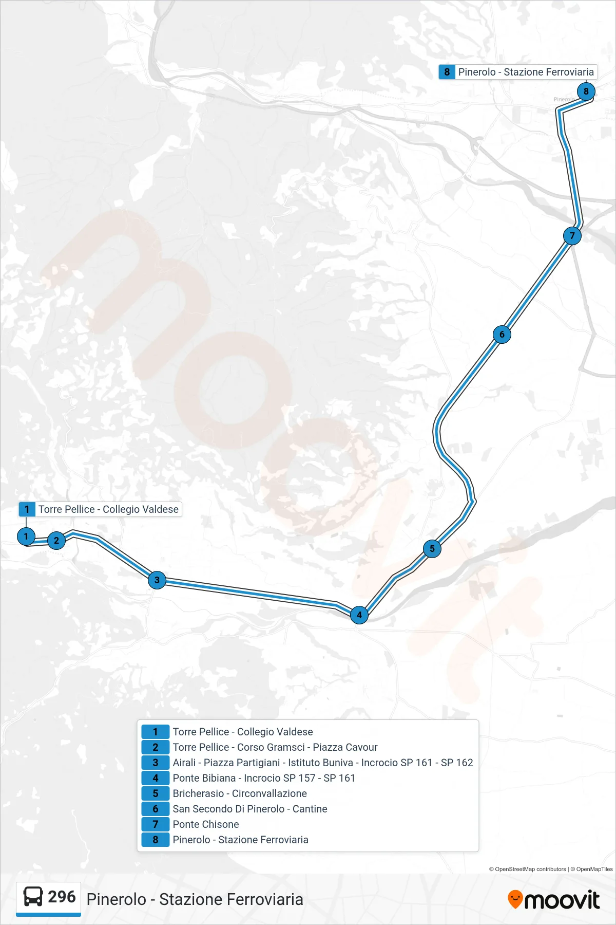 Linea 296 bus (Pinerolo - Stazione Ferroviaria) - Percorsi e fermate sulla mappa