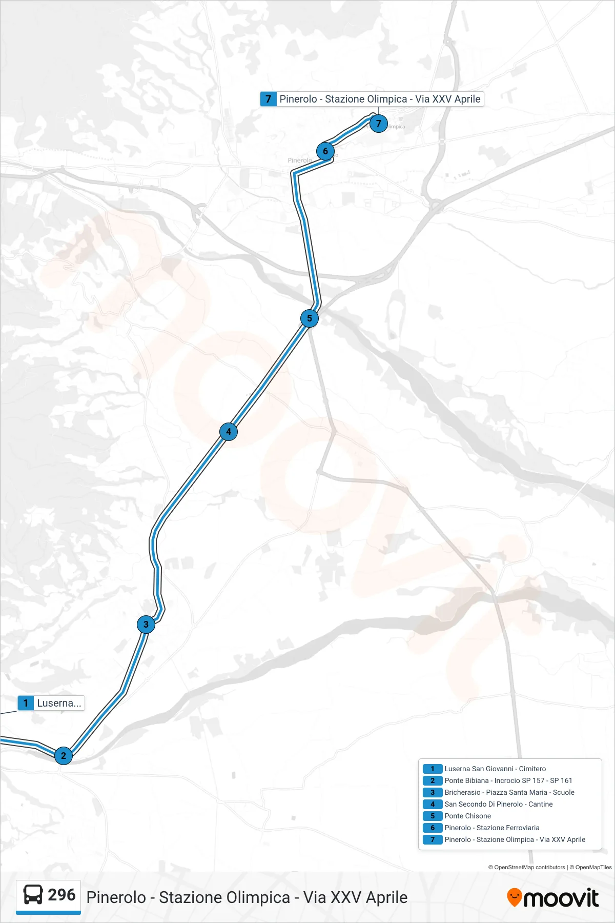 Linea 296 bus (Pinerolo - Stazione Olimpica - Via XXV Aprile) - Percorsi e fermate sulla mappa