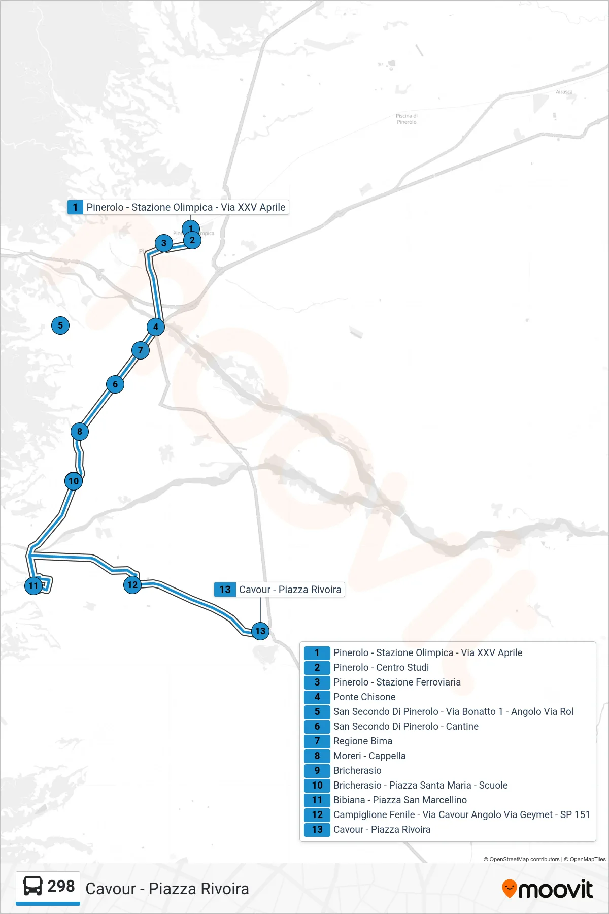 Linea 298 bus (Cavour - Piazza Rivoira) - Percorsi e fermate sulla mappa