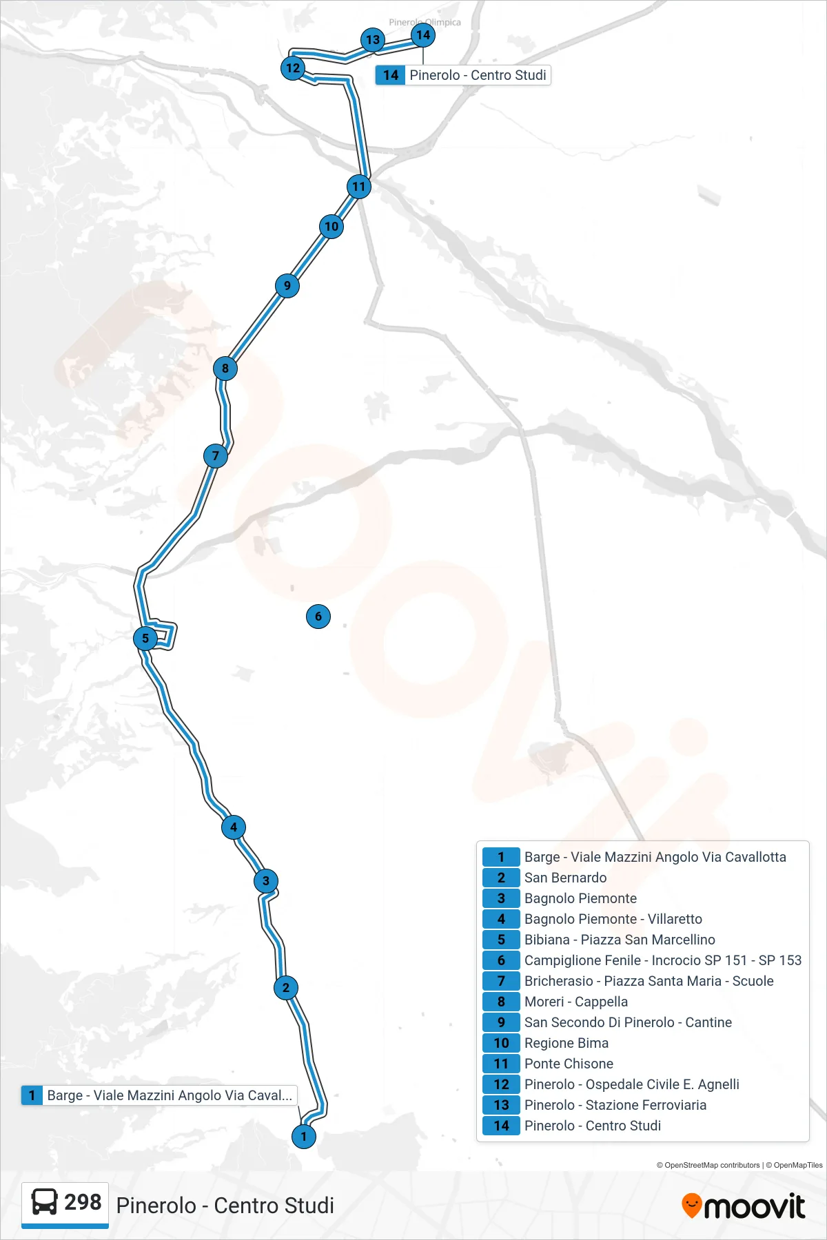 Linea 298 bus (Pinerolo - Centro Studi) - Percorsi e fermate sulla mappa