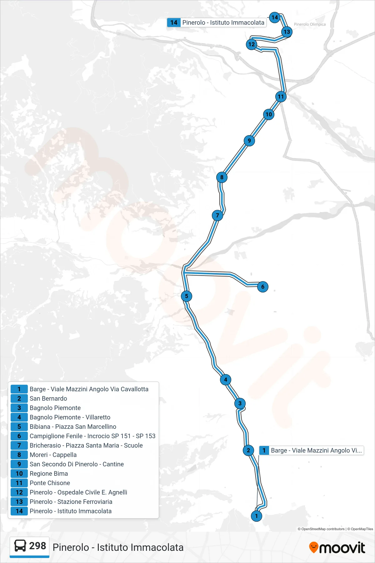 Linea 298 bus (Pinerolo - Istituto Immacolata) - Percorsi e fermate sulla mappa
