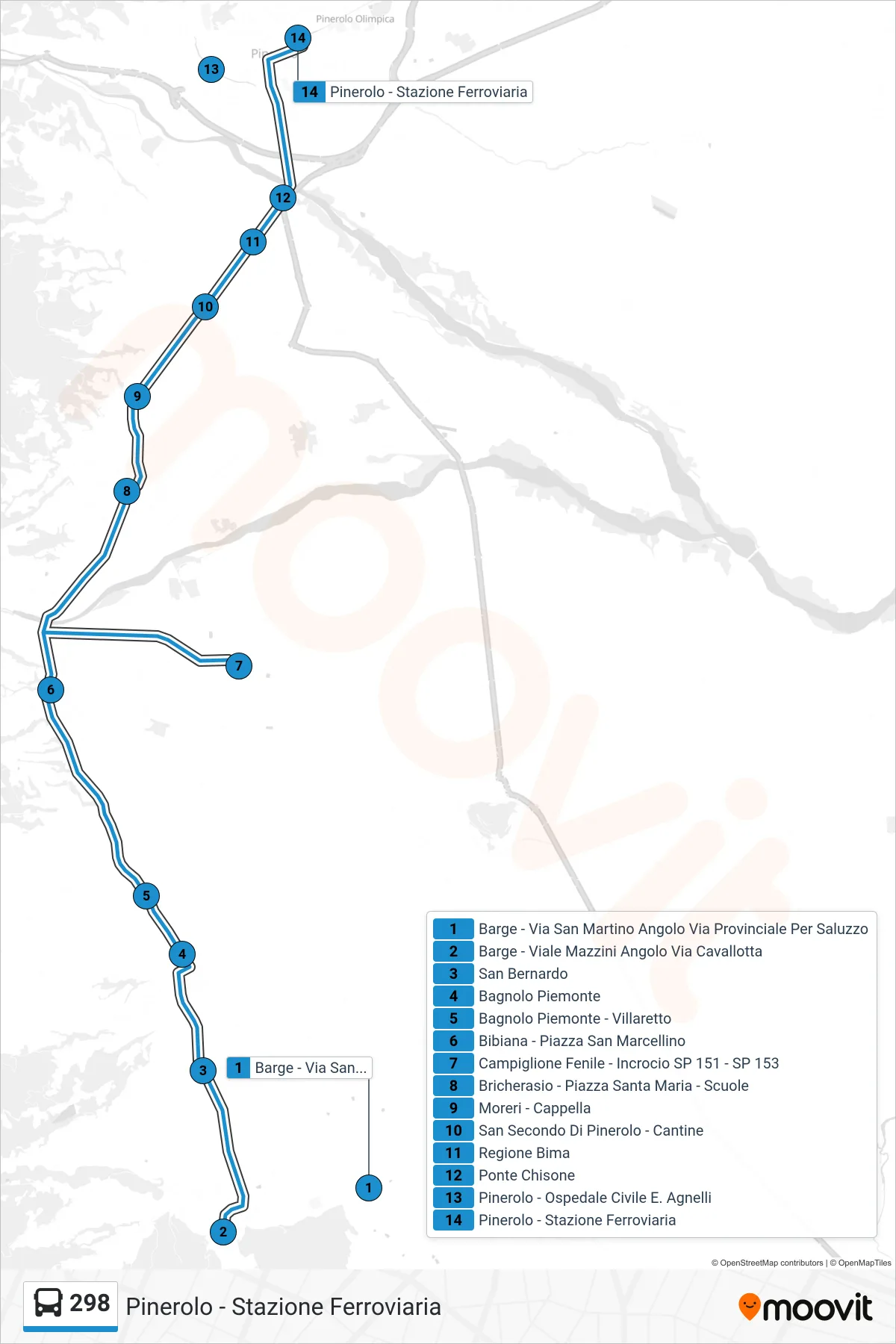 Linea 298 bus (Pinerolo - Stazione Ferroviaria) - Percorsi e fermate sulla mappa