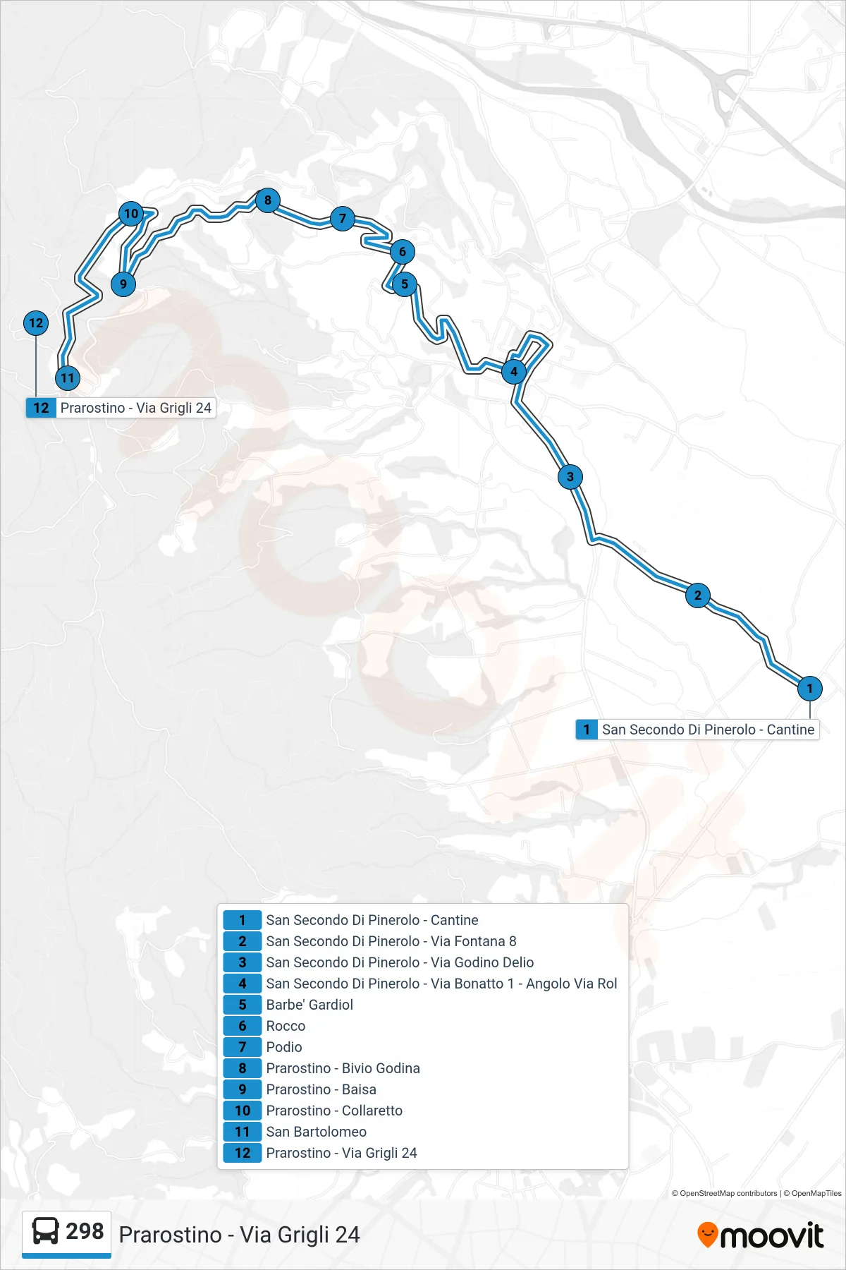 Linea 298  bus (Prarostino - Via Grigli  24) - Percorsi e fermate sulla mappa