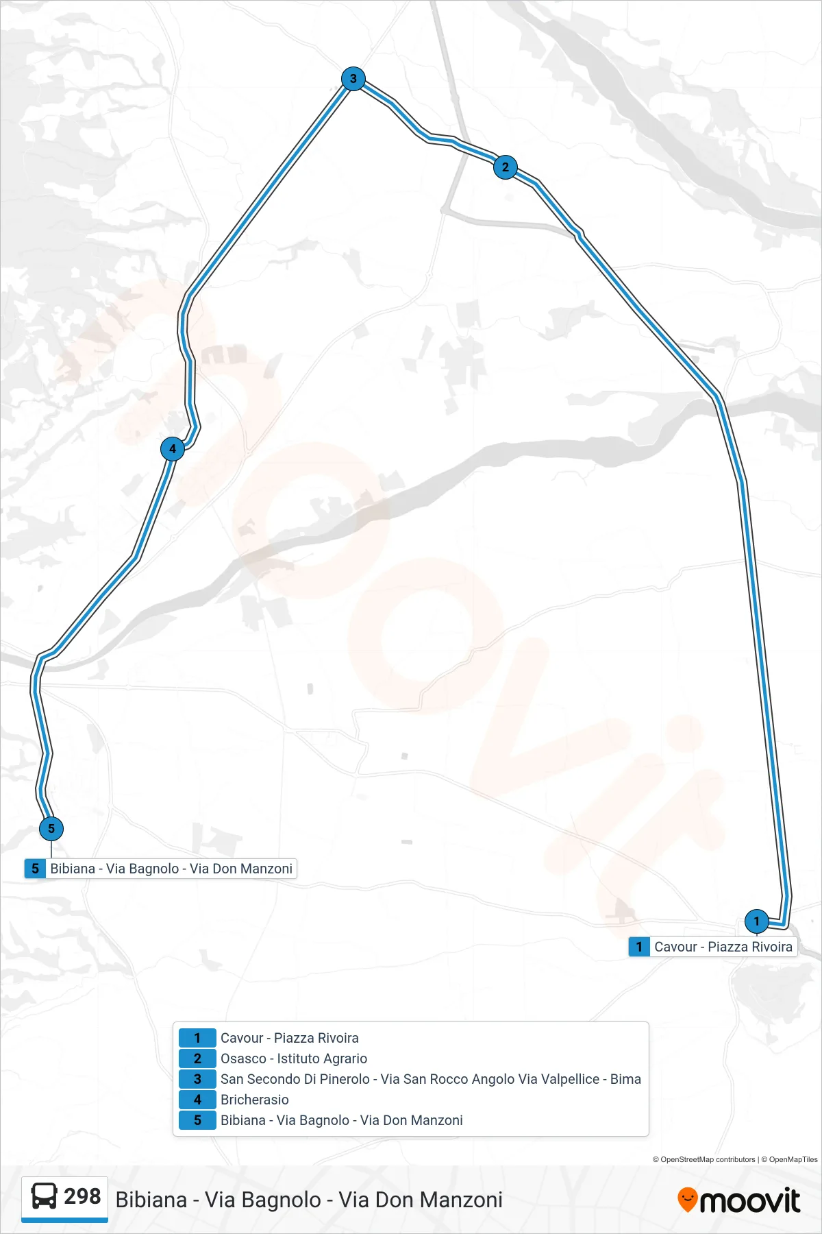 Linea 298  bus (Bibiana - Via Bagnolo - Via Don Manzoni) - Percorsi e fermate sulla mappa
