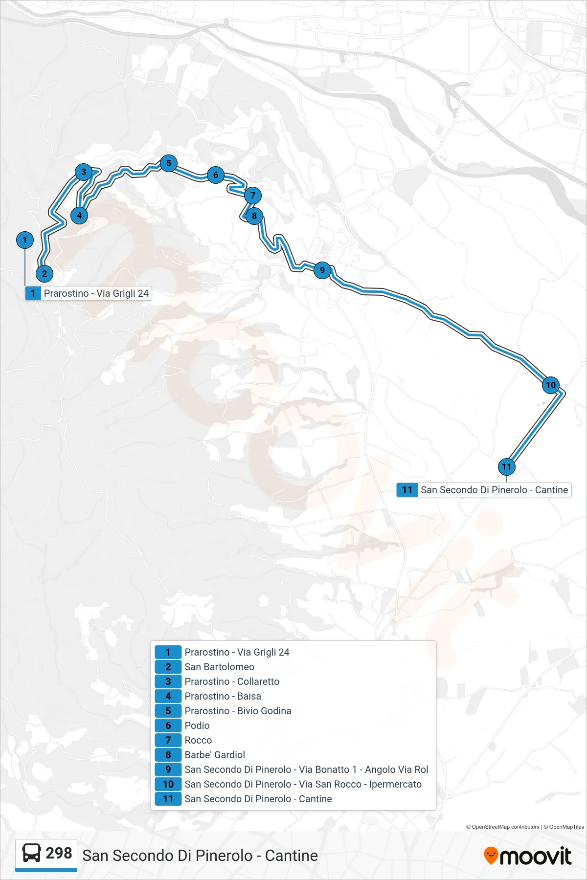 Linea 298 bus (San Secondo Di Pinerolo - Cantine) - Percorsi e fermate sulla mappa