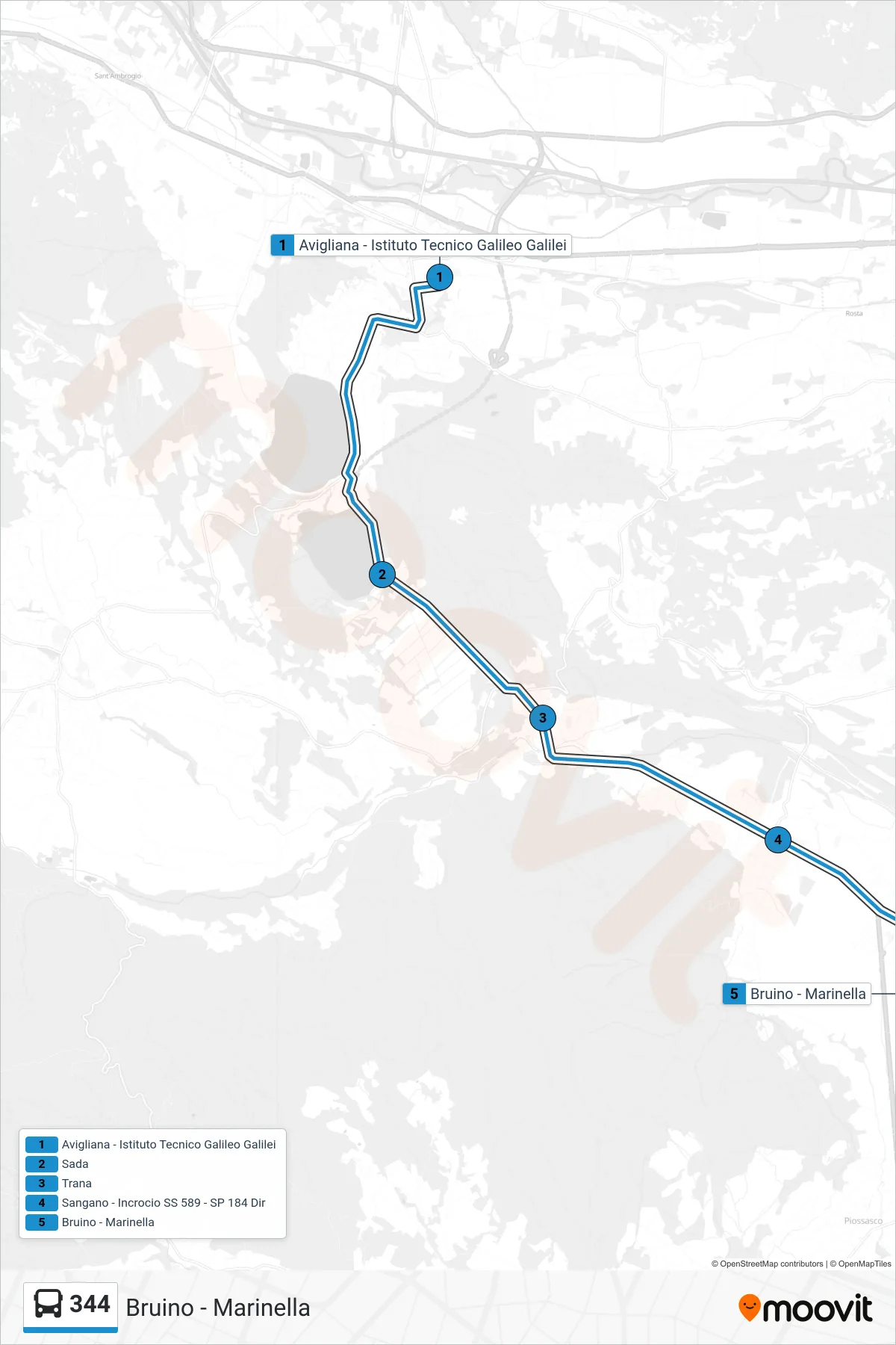 Linea 344  bus (Bruino - Marinella) - Percorsi e fermate sulla mappa