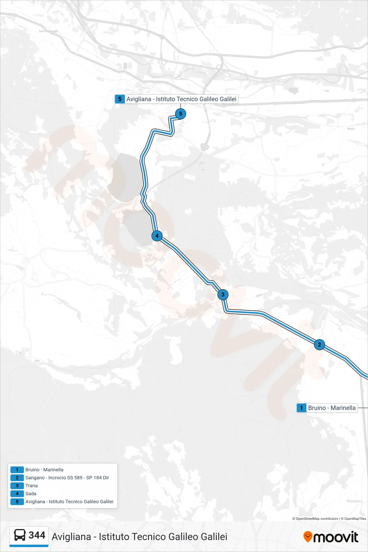 Linea 344 bus (Avigliana - Istituto Tecnico Galileo Galilei) - Percorsi e fermate sulla mappa