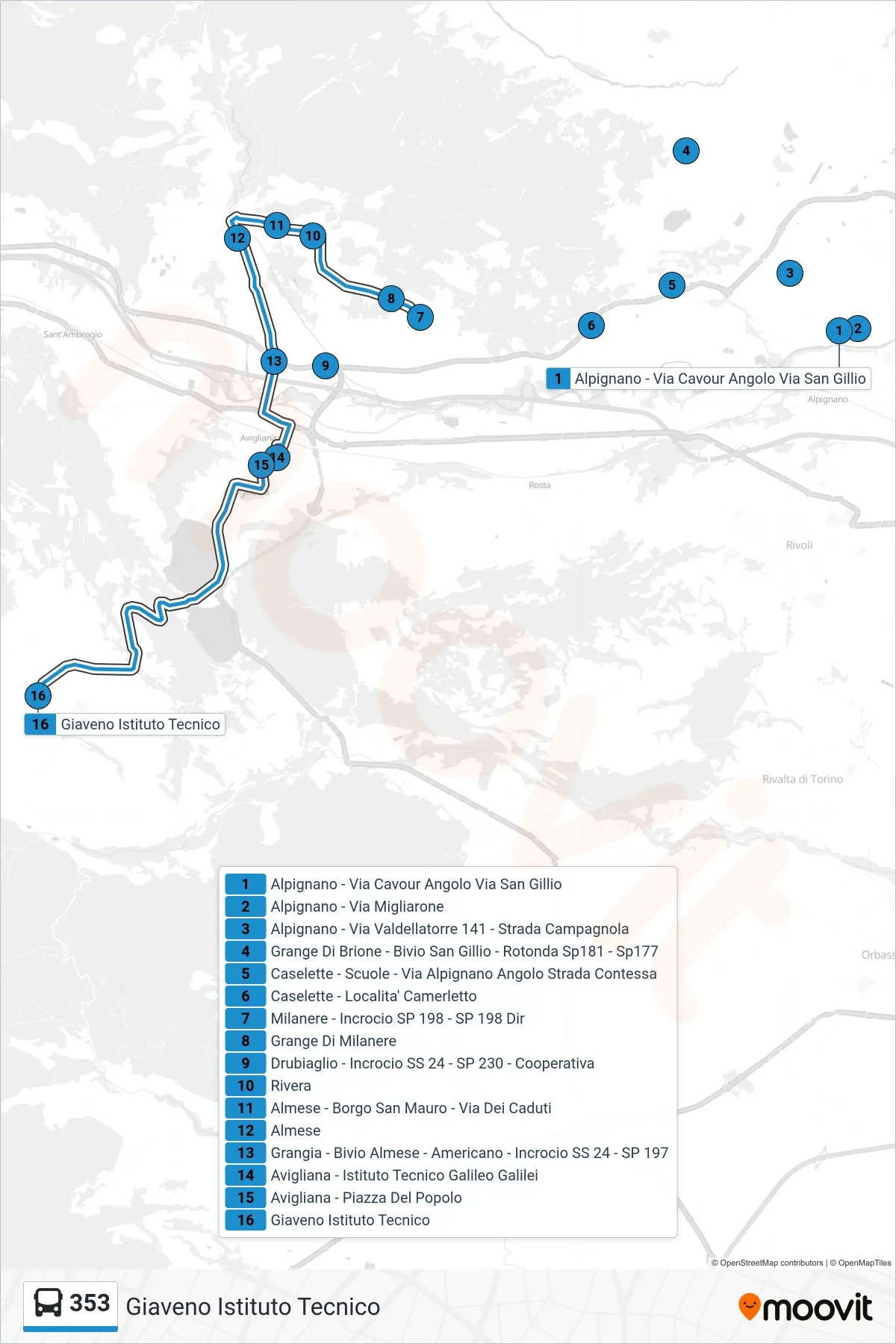 Linea 353  bus (Giaveno Istituto Tecnico) - Percorsi e fermate sulla mappa