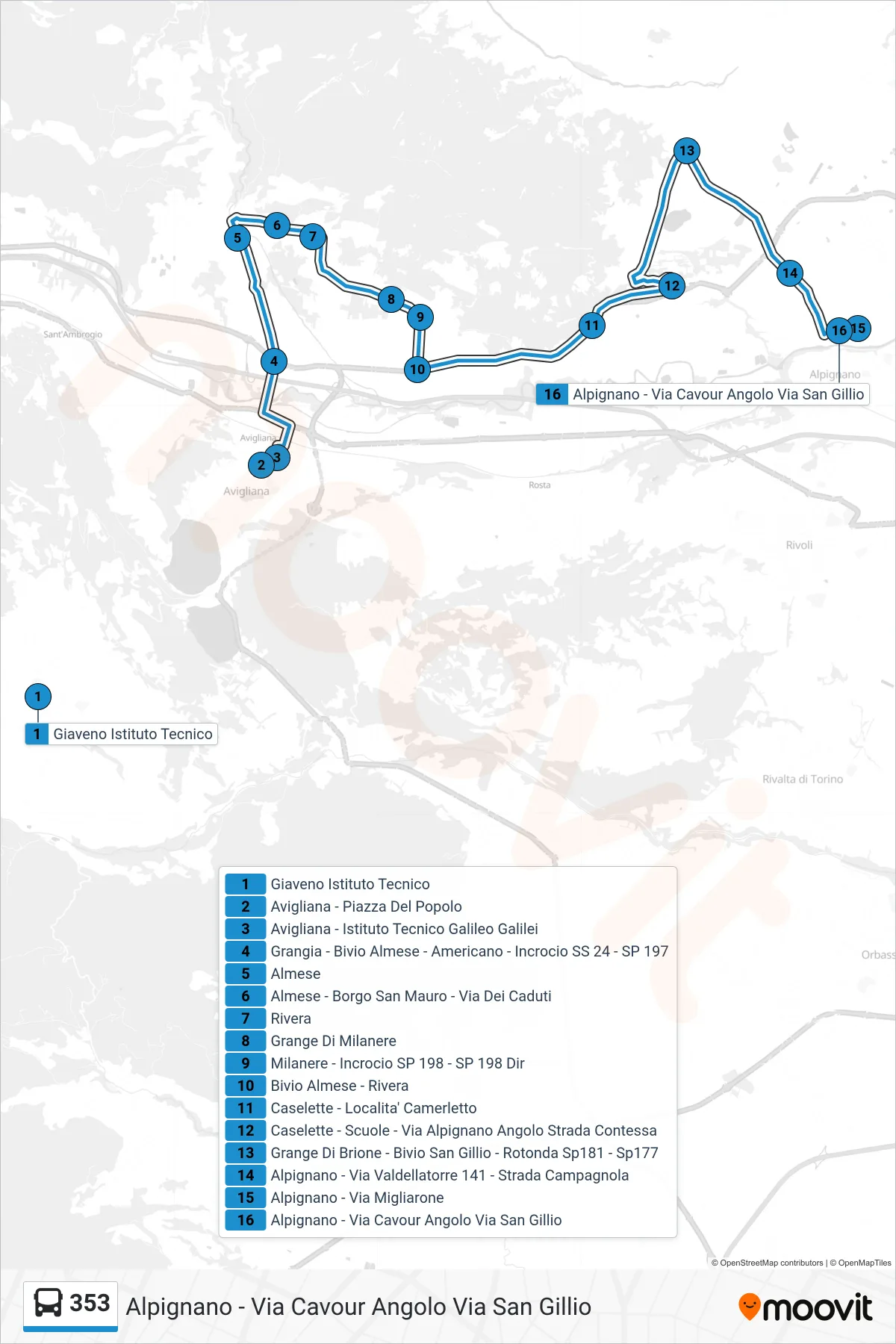 Linea 353  bus (Alpignano - Via Cavour Angolo Via San Gillio) - Percorsi e fermate sulla mappa