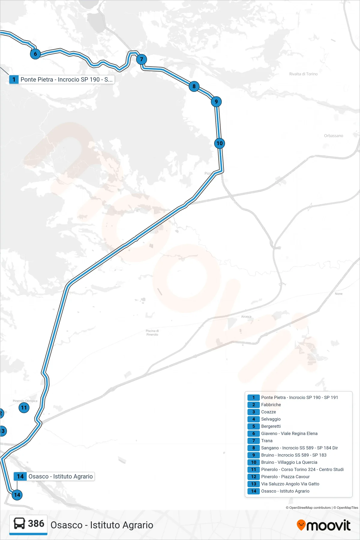 Linea 386  bus (Osasco - Istituto Agrario) - Percorsi e fermate sulla mappa