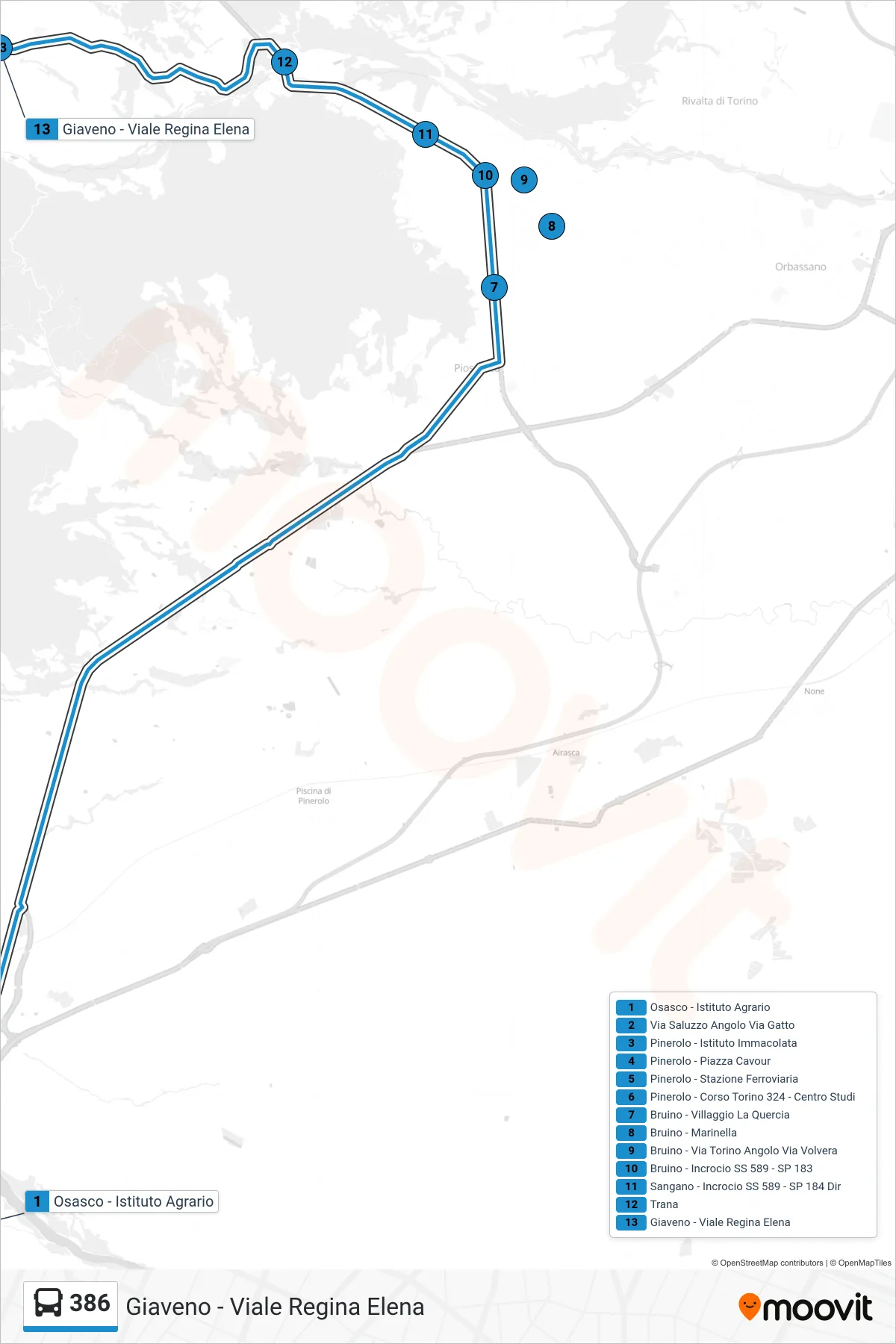 Linea 386  bus (Giaveno - Viale Regina Elena) - Percorsi e fermate sulla mappa