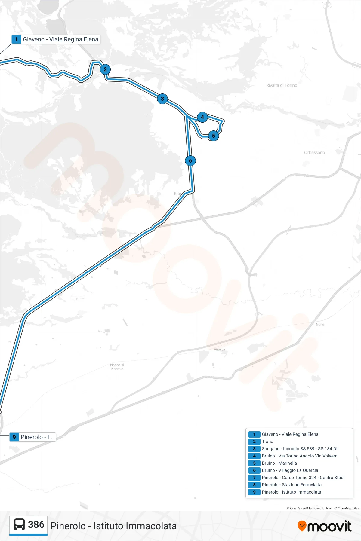 Linea 386  bus (Pinerolo - Istituto Immacolata) - Percorsi e fermate sulla mappa