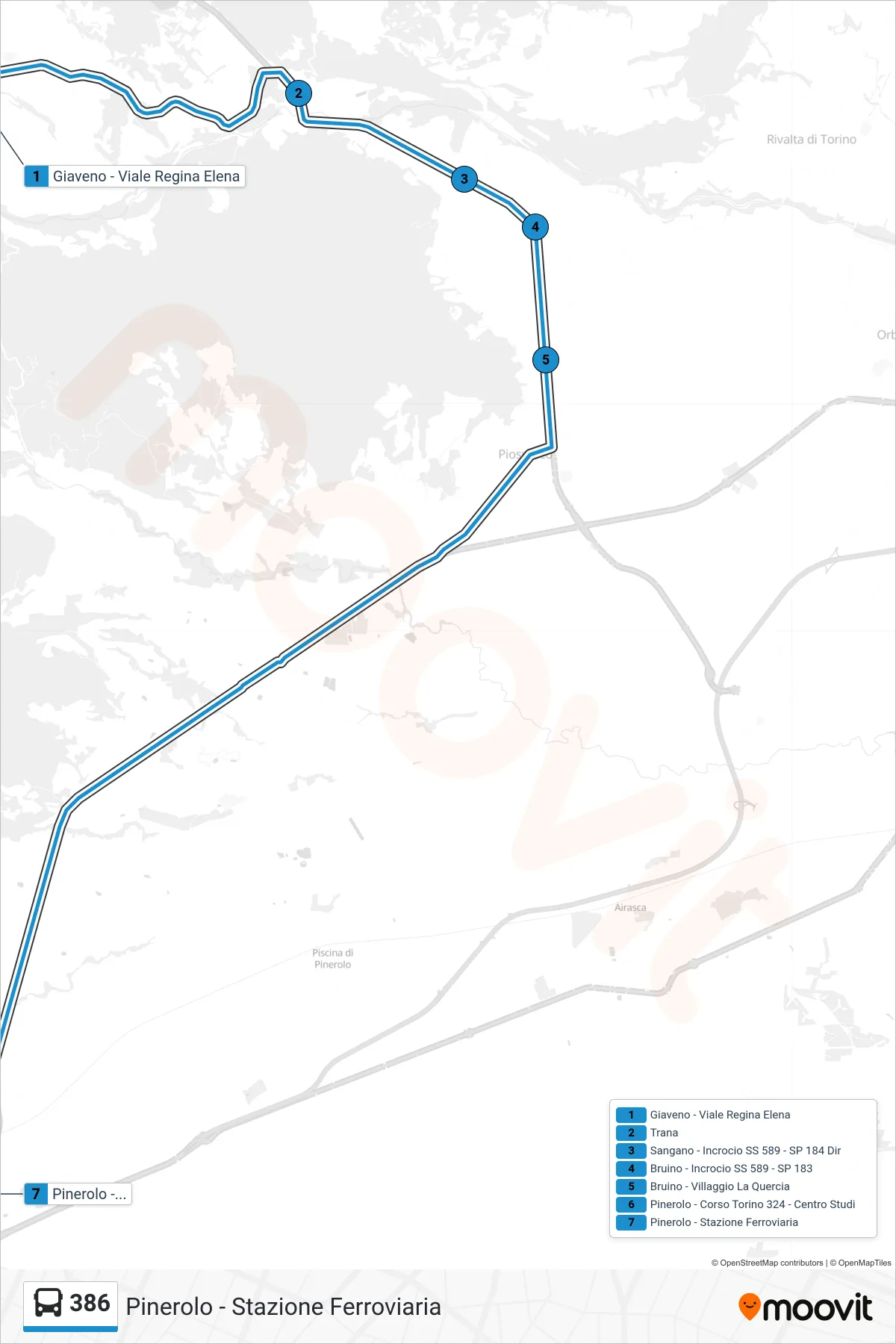 Linea 386 bus (Pinerolo - Stazione Ferroviaria) - Percorsi e fermate sulla mappa