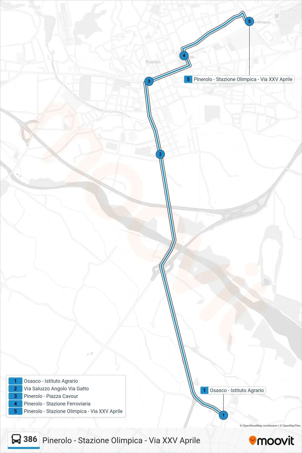 Linea 386 bus (Pinerolo - Stazione Olimpica - Via XXV Aprile) - Percorsi e fermate sulla mappa