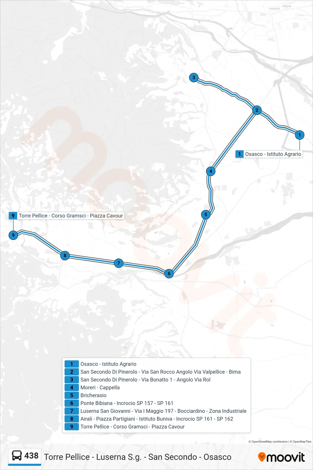 Linea 438  bus (Torre Pellice - Corso Gramsci - Piazza Cavour) - Percorsi e fermate sulla mappa