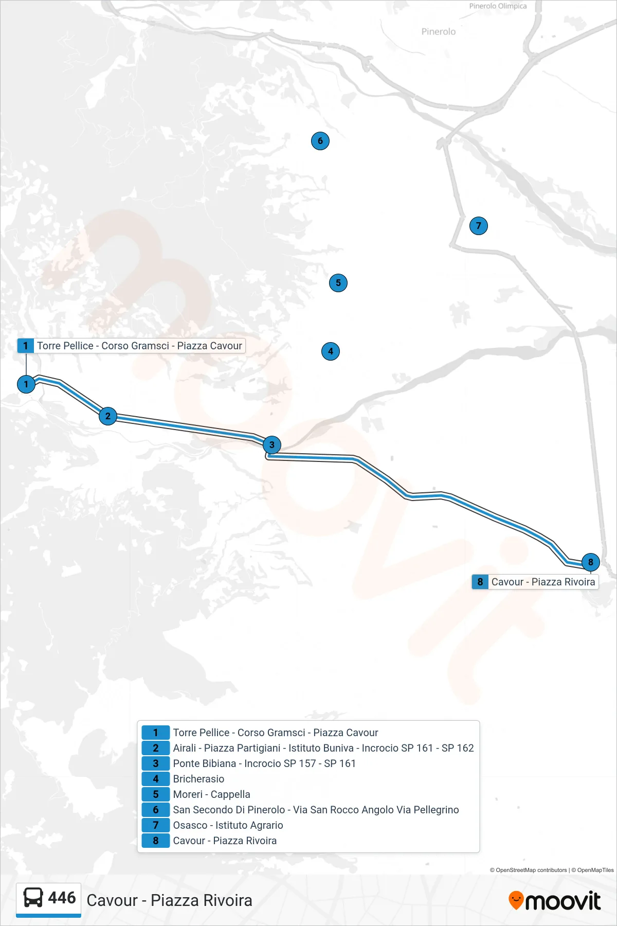 Linea 446 bus (Cavour - Piazza Rivoira) - Percorsi e fermate sulla mappa
