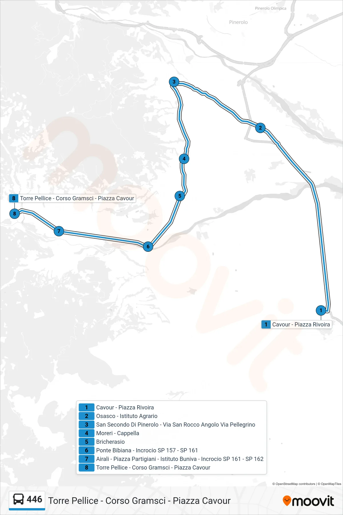Linea 446 bus (Torre Pellice - Corso Gramsci - Piazza Cavour) - Percorsi e fermate sulla mappa