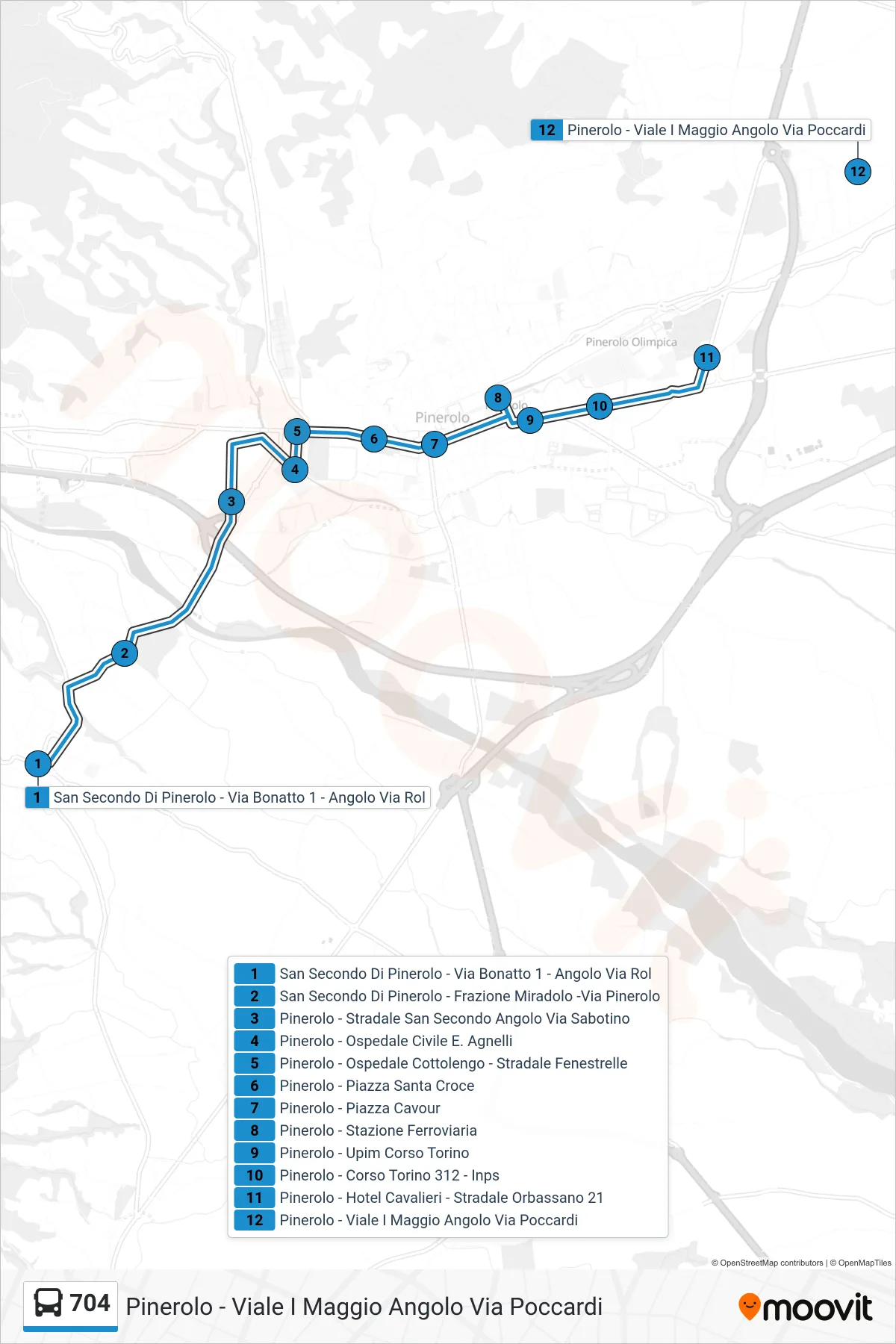 Linea 704  bus (Pinerolo - Viale I Maggio Angolo Via Poccardi) - Percorsi e fermate sulla mappa