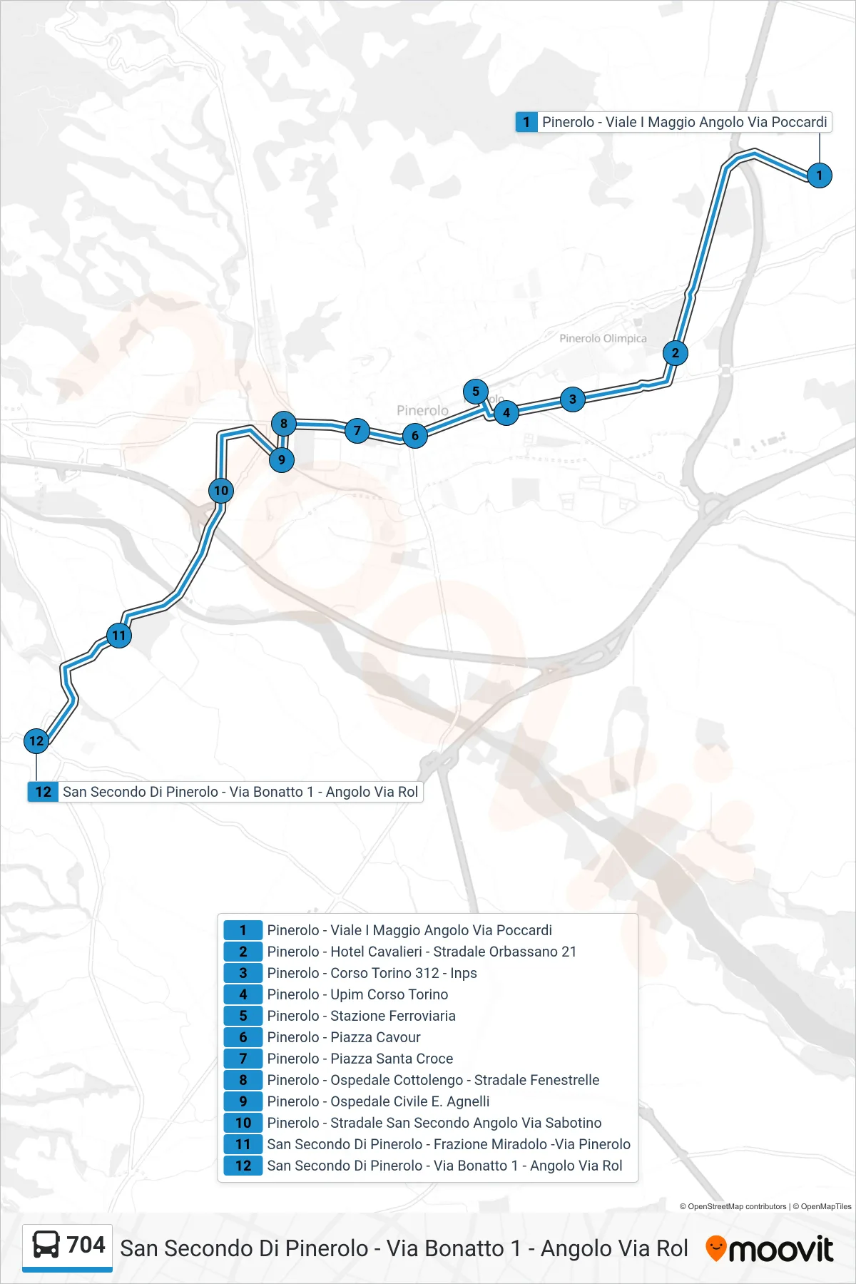Linea 704 bus (San Secondo Di Pinerolo - Via Bonatto 1 - Angolo Via Rol) - Percorsi e fermate sulla mappa