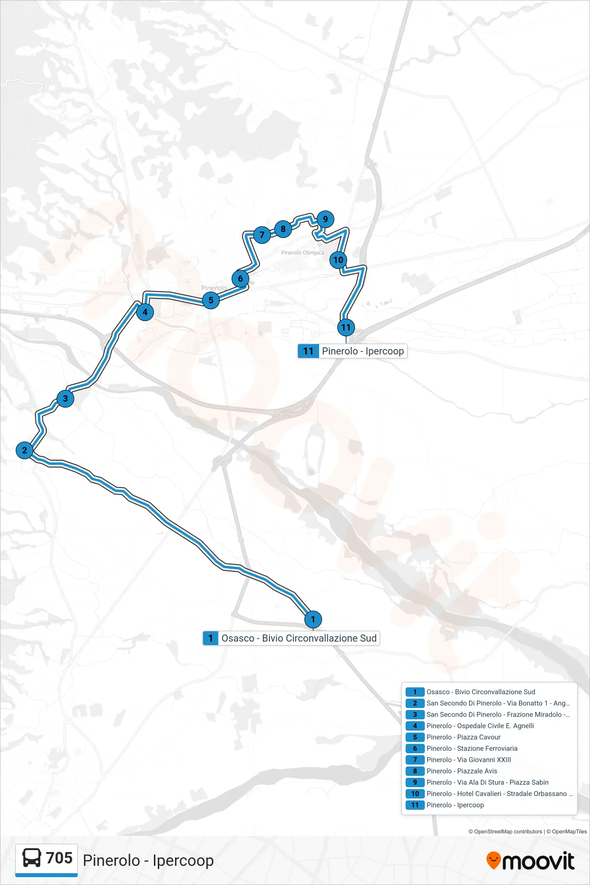 Linea 705  bus (Pinerolo - Ipercoop) - Percorsi e fermate sulla mappa
