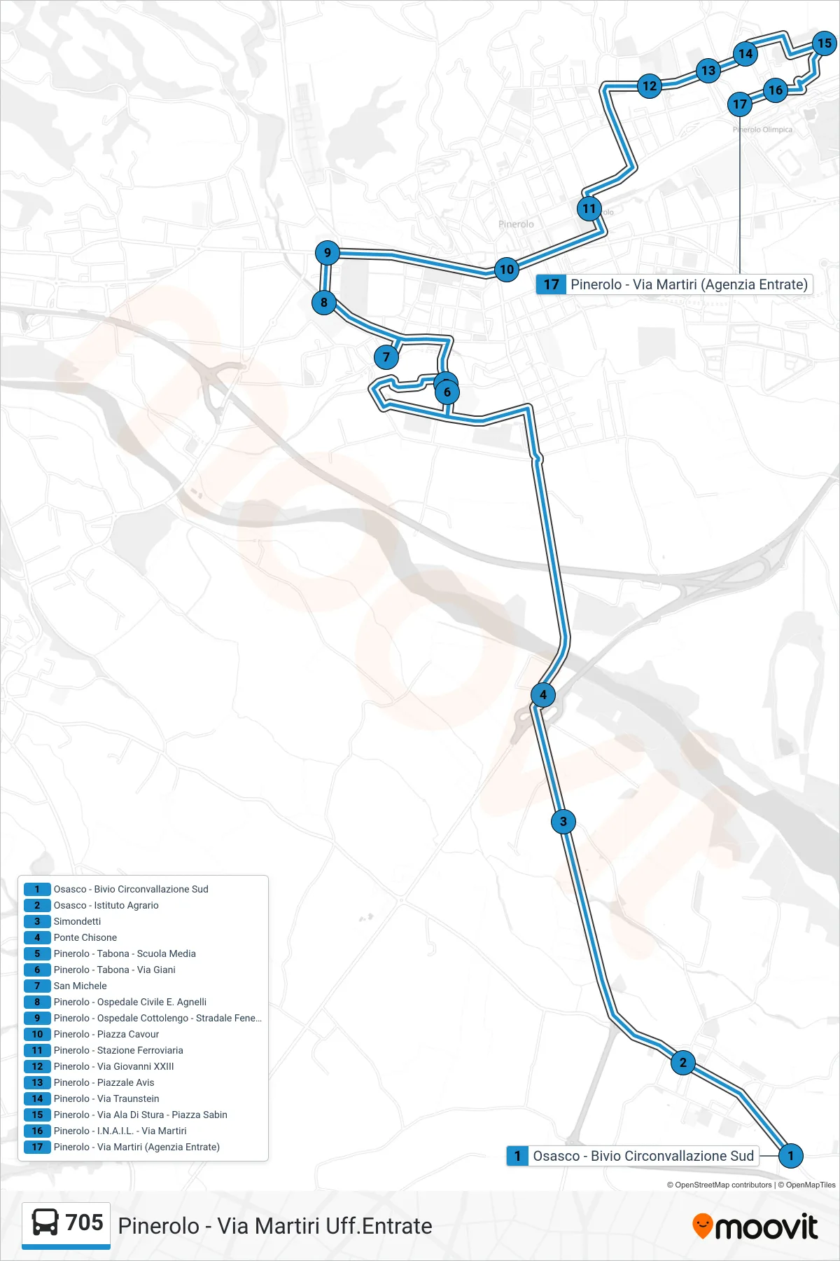 Linea 705 bus (Pinerolo - Via Martiri Uff.Entrate) - Percorsi e fermate sulla mappa