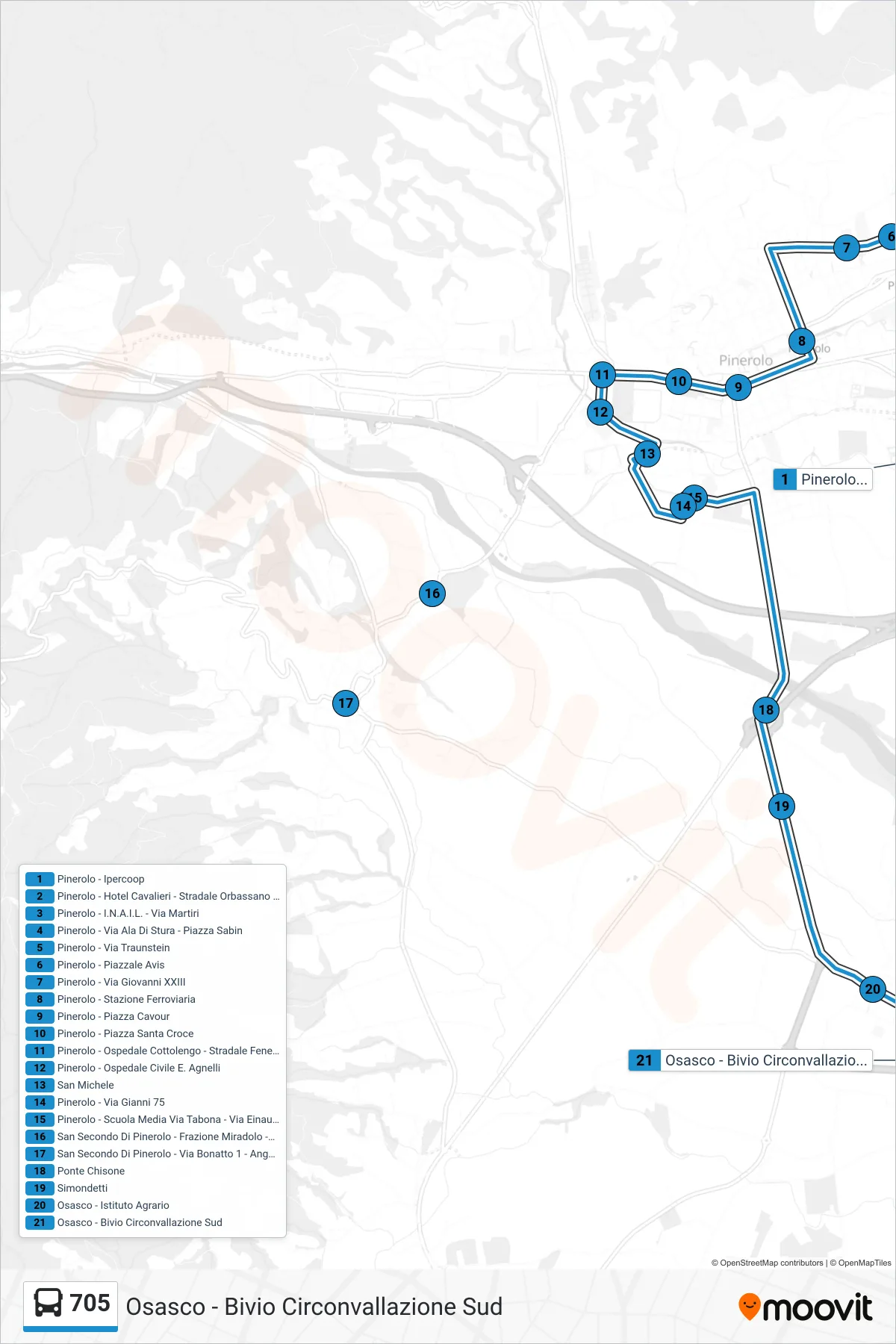 Linea 705 bus (Osasco - Bivio Circonvallazione Sud) - Percorsi e fermate sulla mappa