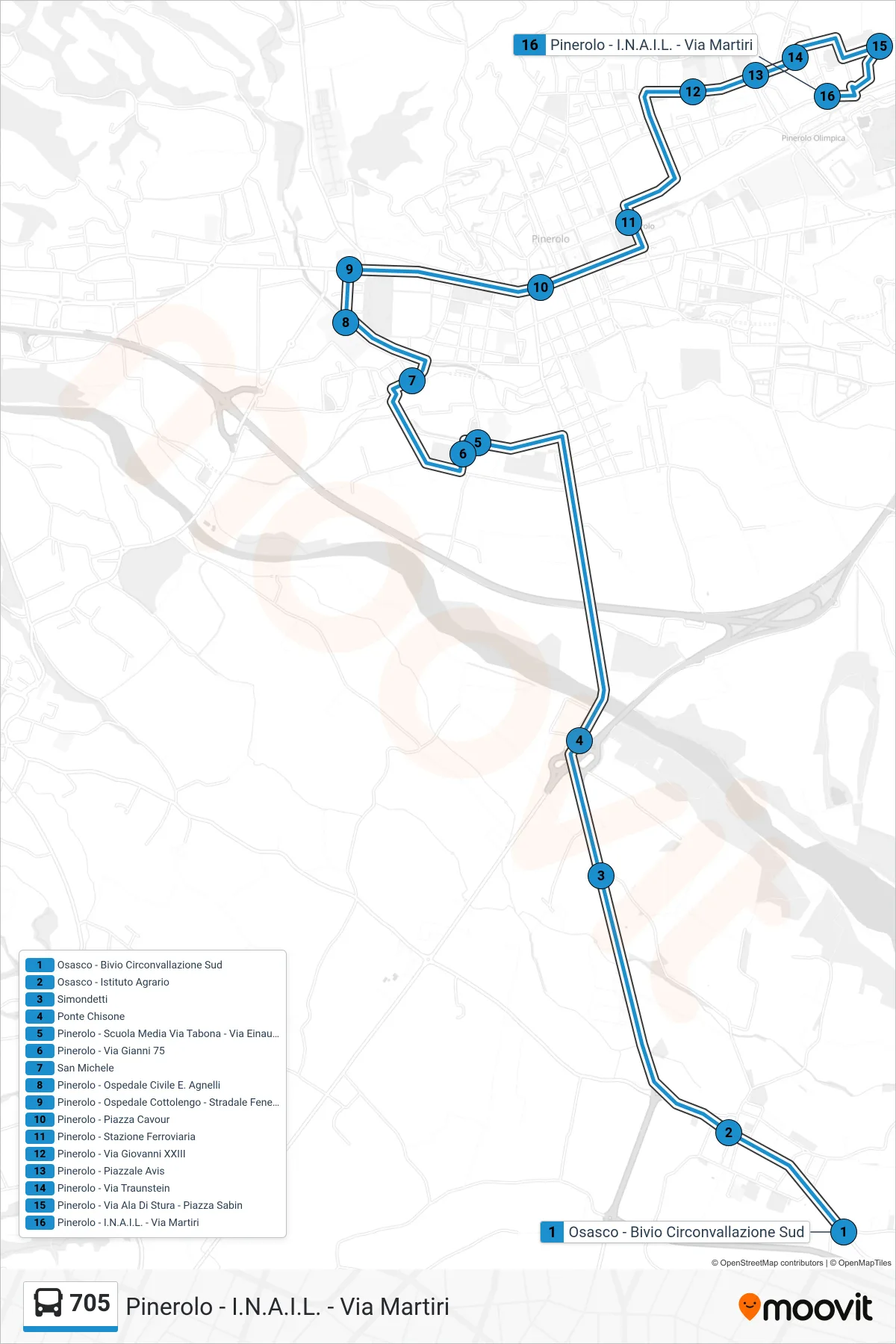 Linea 705 bus (Pinerolo - I.N.A.I.L. - Via Martiri) - Percorsi e fermate sulla mappa