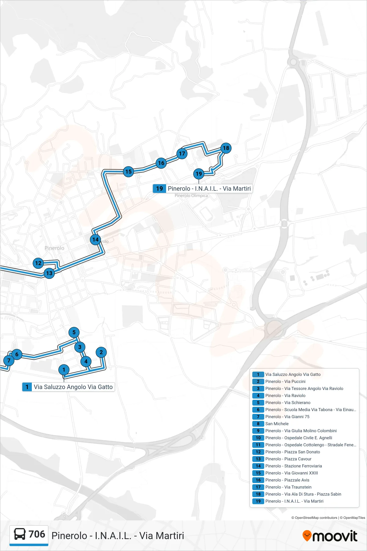 Linea 706 bus (Pinerolo - I.N.A.I.L. - Via Martiri) - Percorsi e fermate sulla mappa