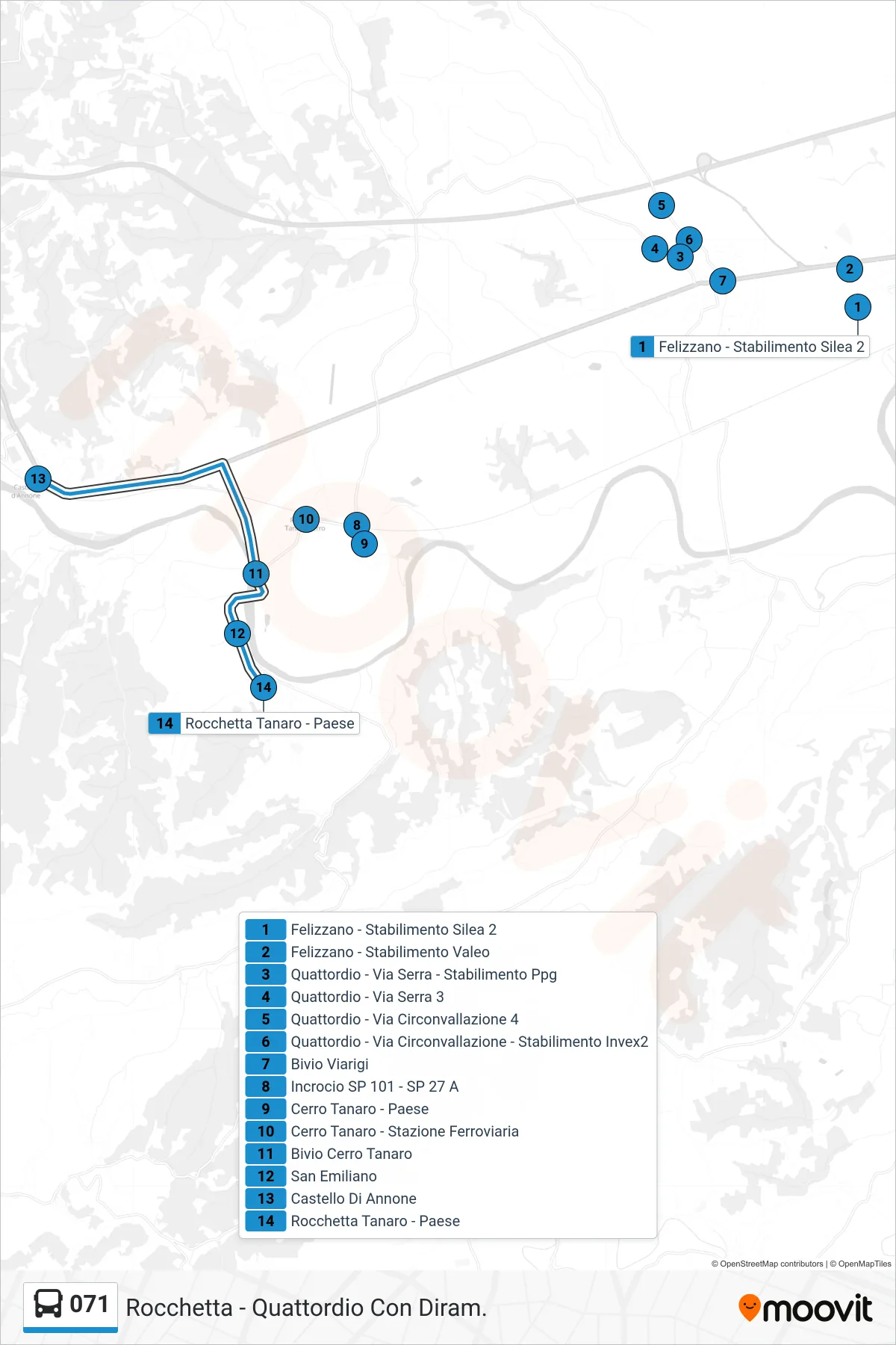 Linea 071  bus (Rocchetta Tanaro - Paese) - Percorsi e fermate sulla mappa